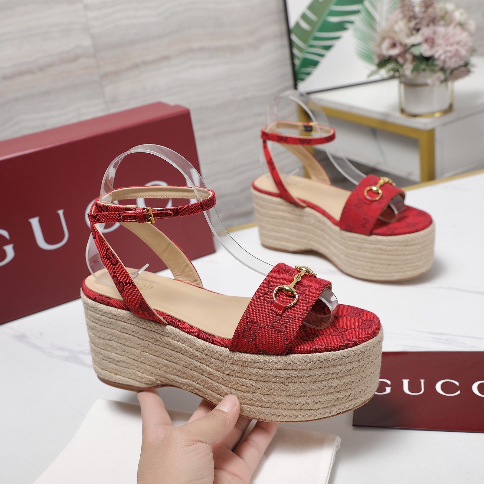 Gucci Women's Red Fabric Espadrille Platform Sandals with Ankle Strap 2 a1744029403072 2828