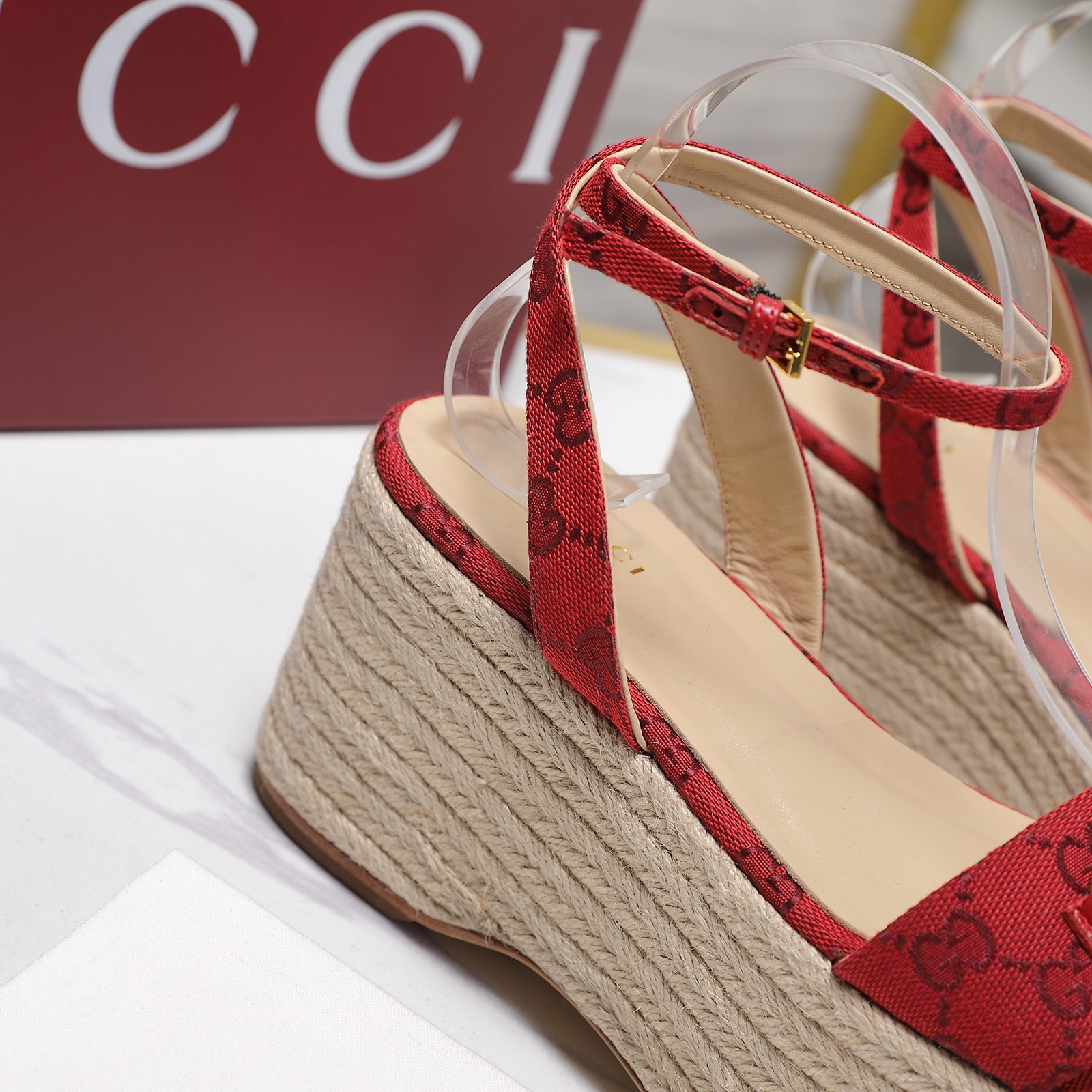 Gucci Women's Red Fabric Espadrille Platform Sandals with Ankle Strap 8 a1744029403073 3353