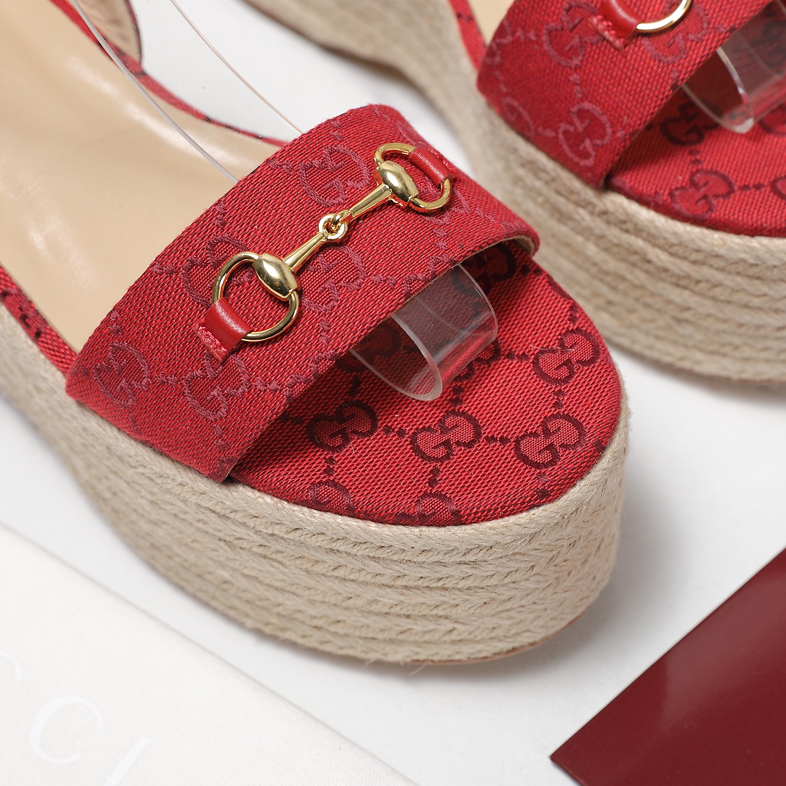 Gucci Women's Red Fabric Espadrille Platform Sandals with Ankle Strap 7 a1744029403083 1568