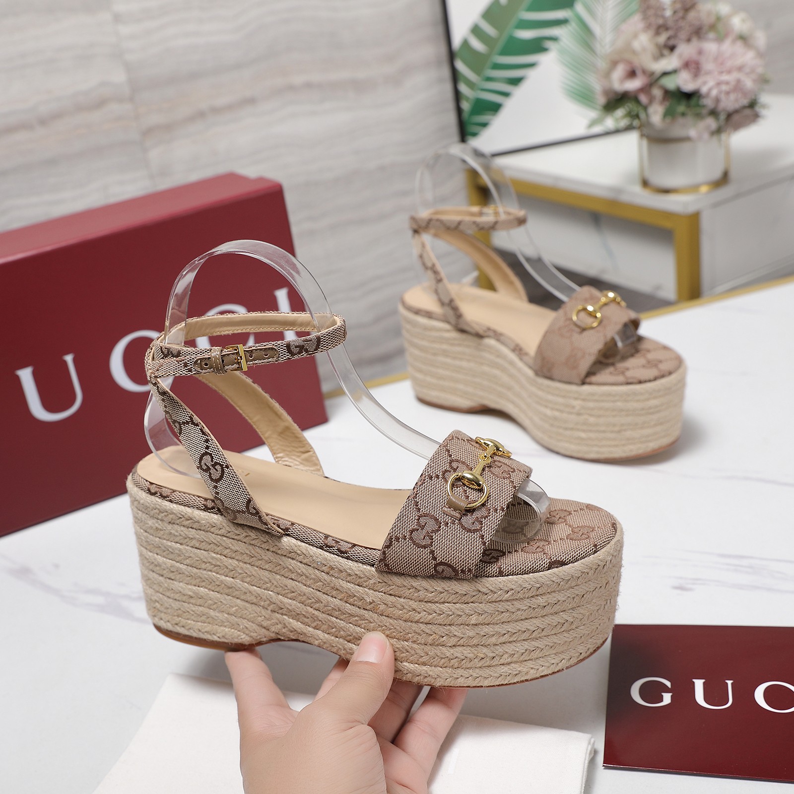 Gucci Espadrille Platform Sandals with Ankle Strap and GG Canvas 1 Gucci Espadrille Platform Sandals with Ankle Strap and GG Canvas
