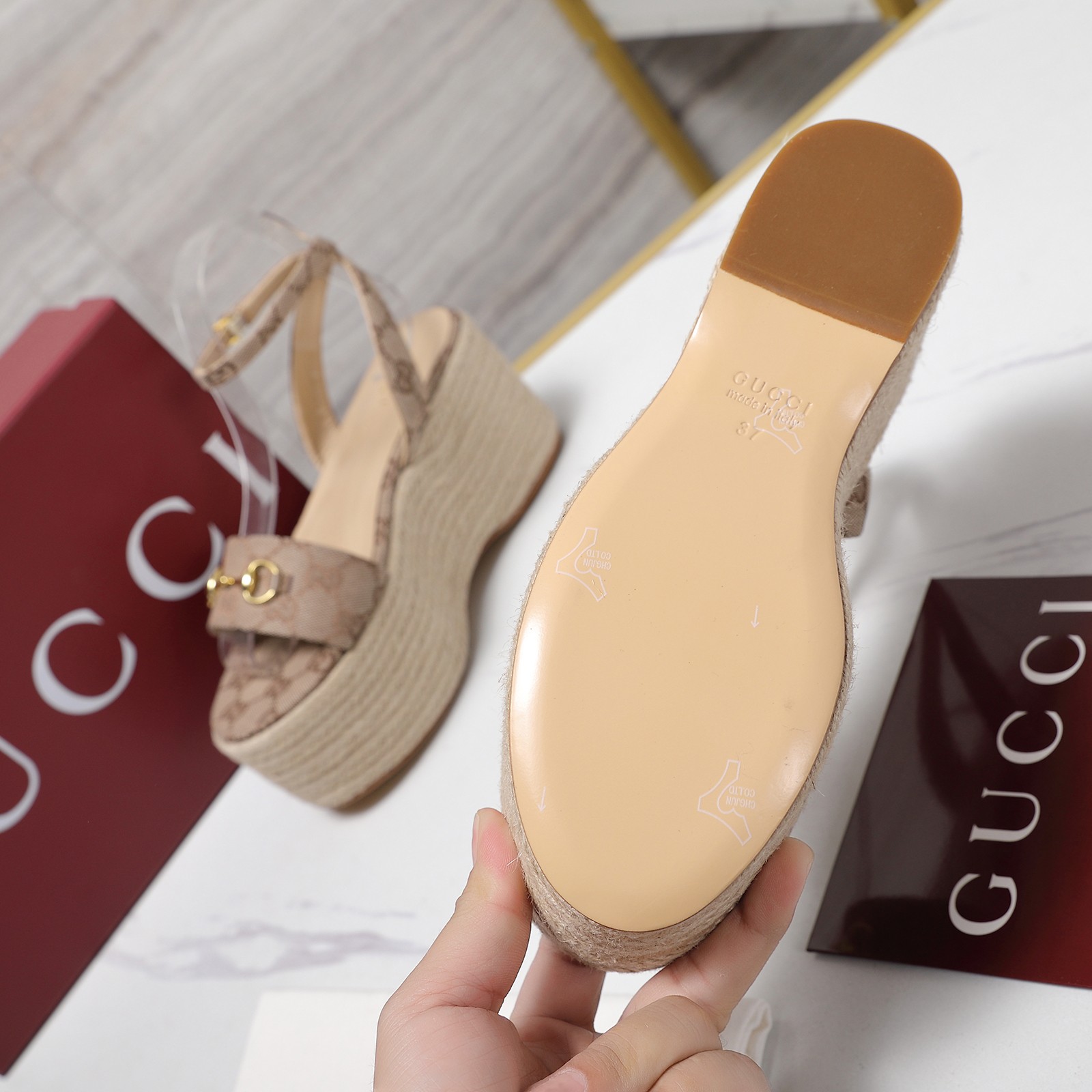 Gucci Espadrille Platform Sandals with Ankle Strap and GG Canvas 10 a1744031563446 0575