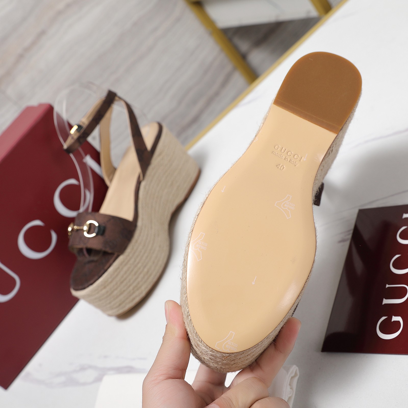 Gucci Espadrille Platform Sandals, Leather, Brown, Women's Size 35-39 9 a1744031644962 7784