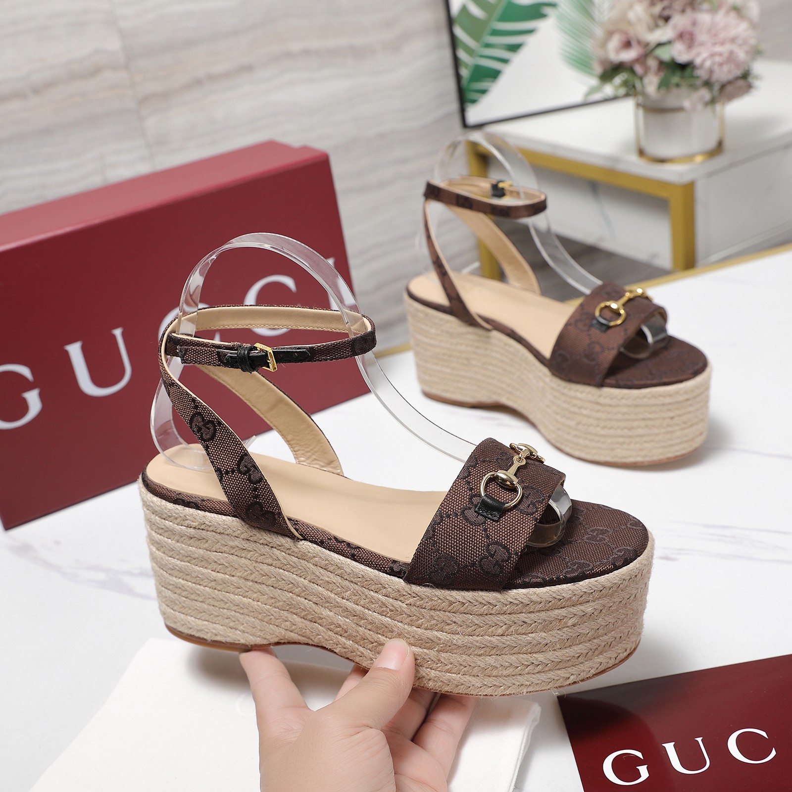Gucci Espadrille Platform Sandals, Leather, Brown, Women's Size 35-39 1 Gucci Espadrille Platform Sandals, Leather, Brown, Women's Size 35-39
