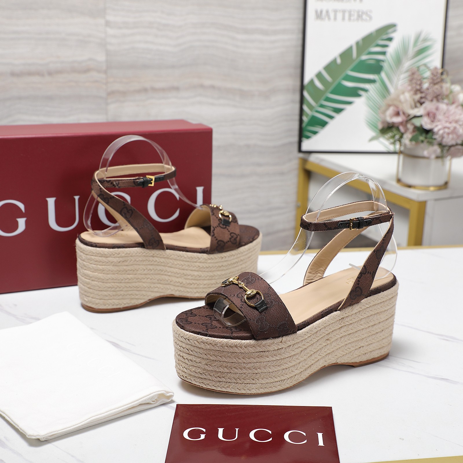 Gucci Espadrille Platform Sandals, Leather, Brown, Women's Size 35-39 7 a1744031645888 6176