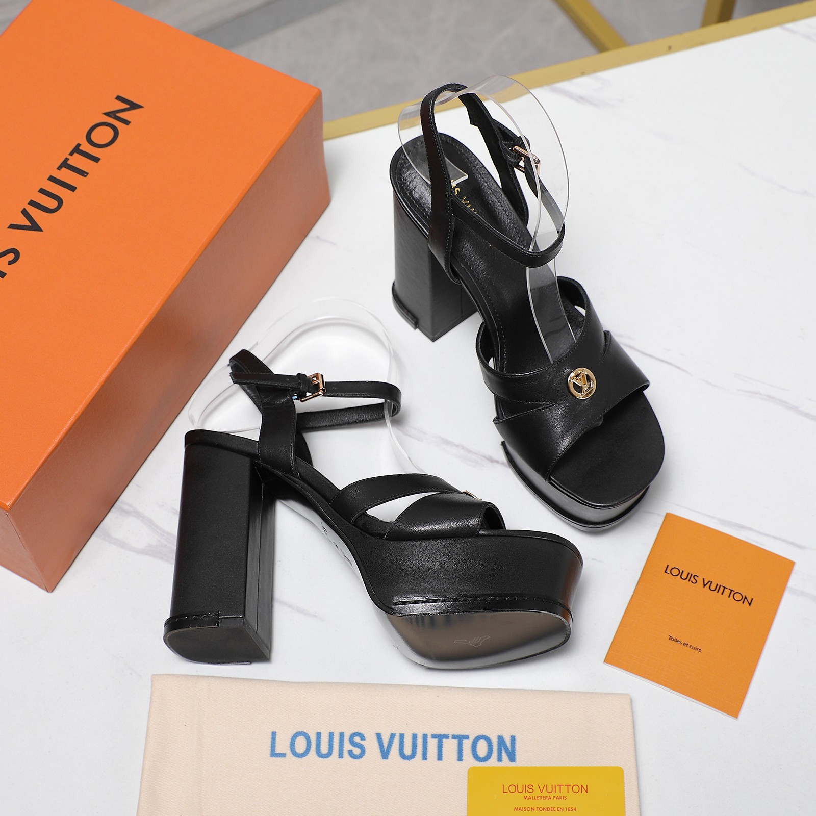 Louis Vuitton Women's Platform Heeled Sandals, Black Leather, Block Heel 3 a1744217988494 2265