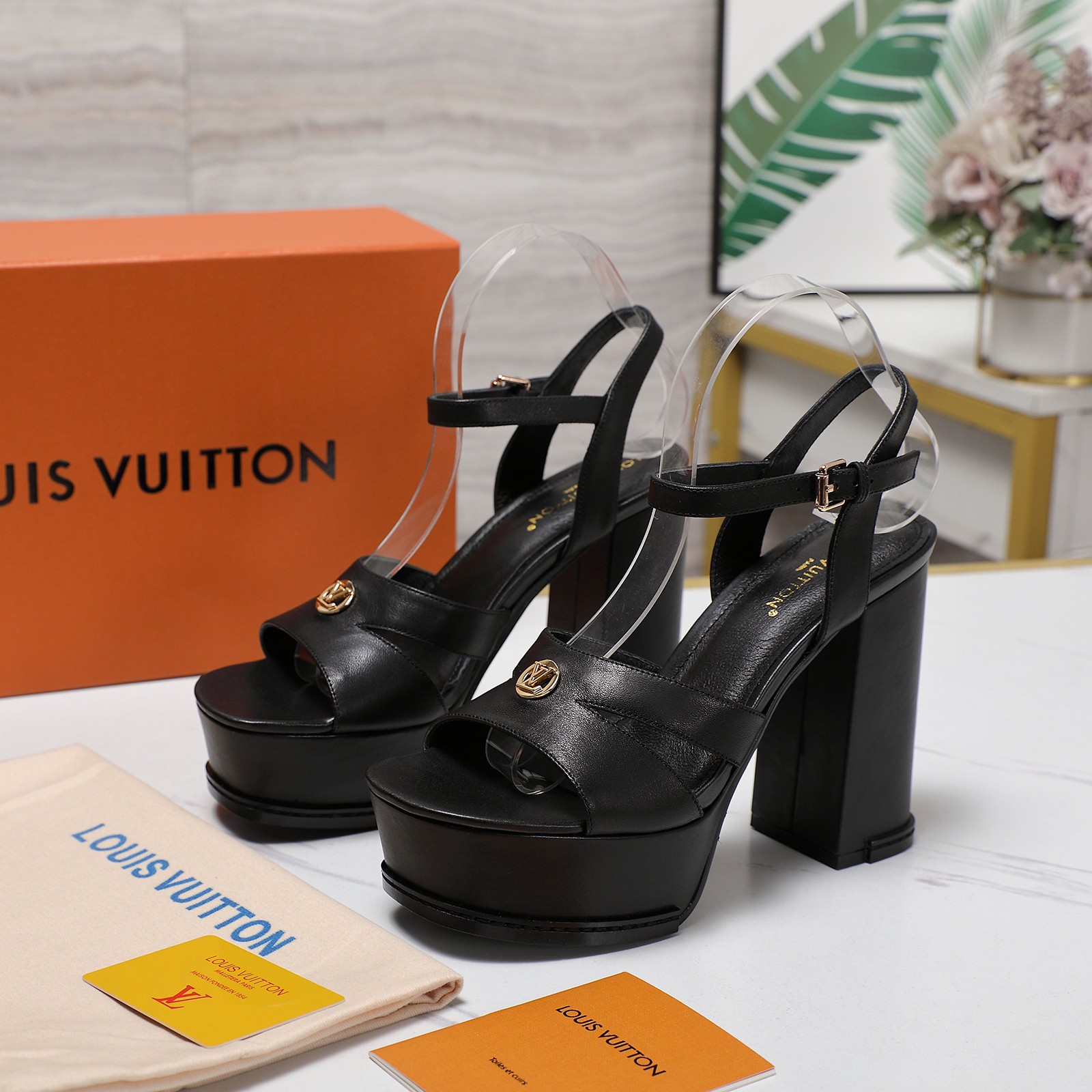 Louis Vuitton Women's Platform Heeled Sandals, Black Leather, Block Heel 4 a1744217988505 7140