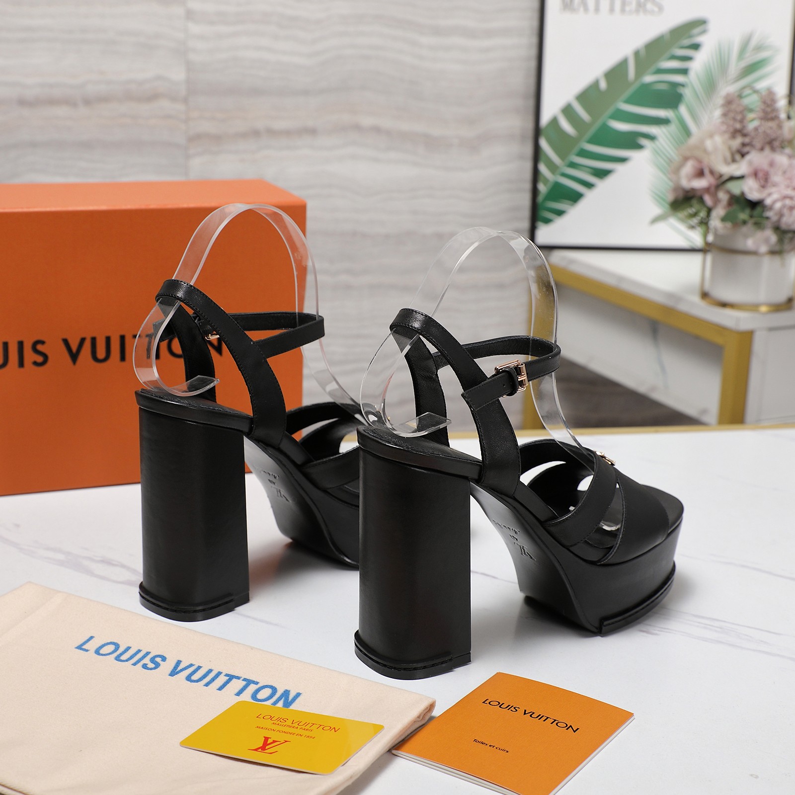 Louis Vuitton Women's Platform Heeled Sandals, Black Leather, Block Heel 7 a1744217988530 8030