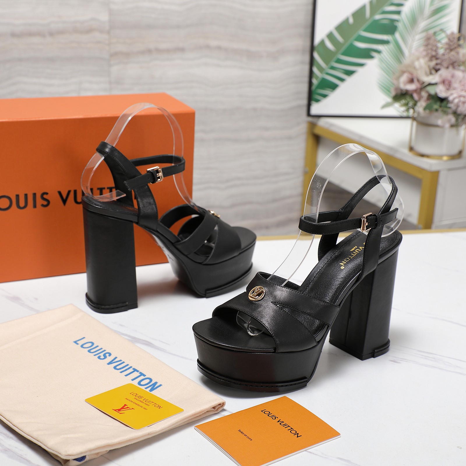 Louis Vuitton Women's Platform Heeled Sandals, Black Leather, Block Heel 10 a1744217990139 6132