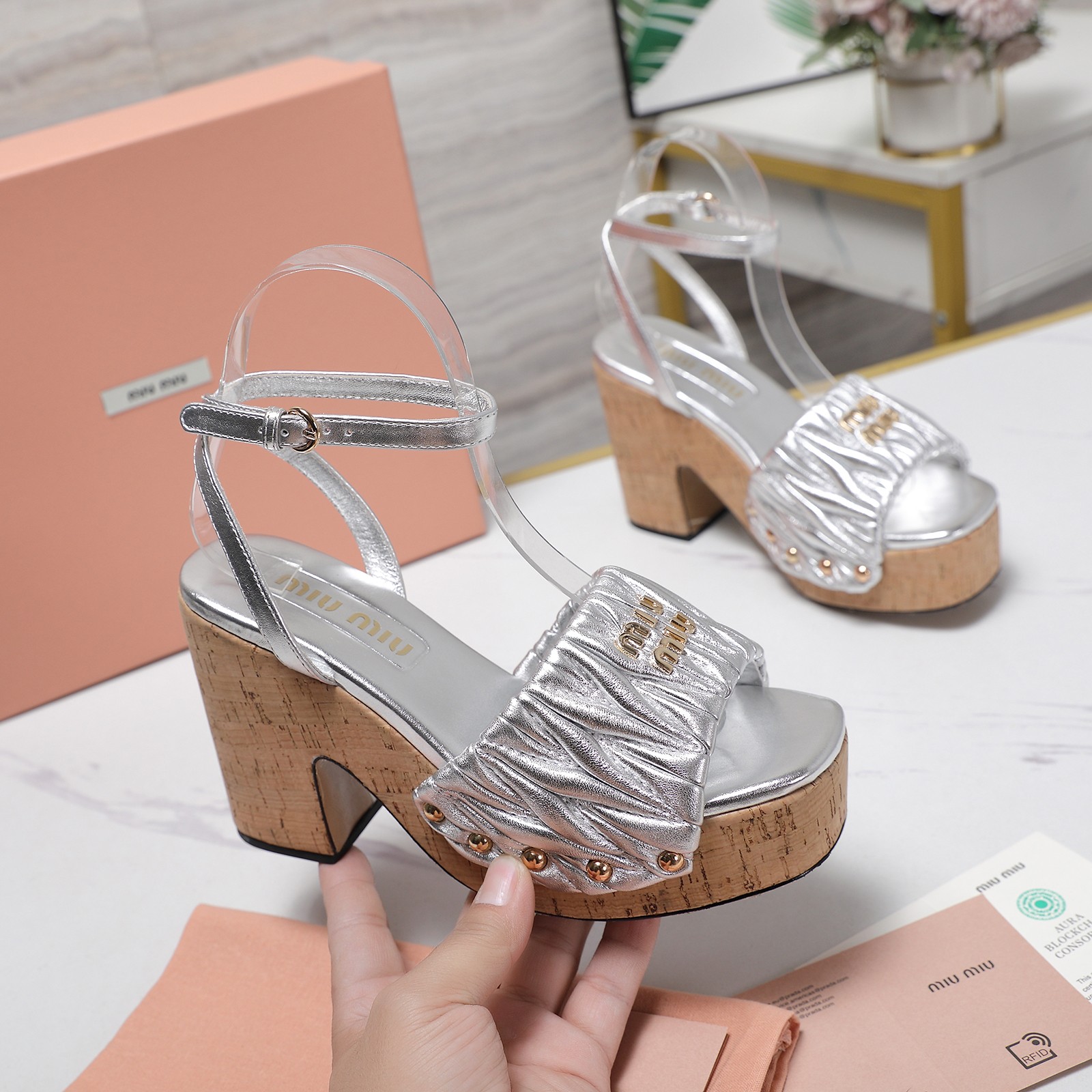 Miu Miu Platform Heeled Sandals, Silver Leather Sandals for Women 2 a1744707571780 5817
