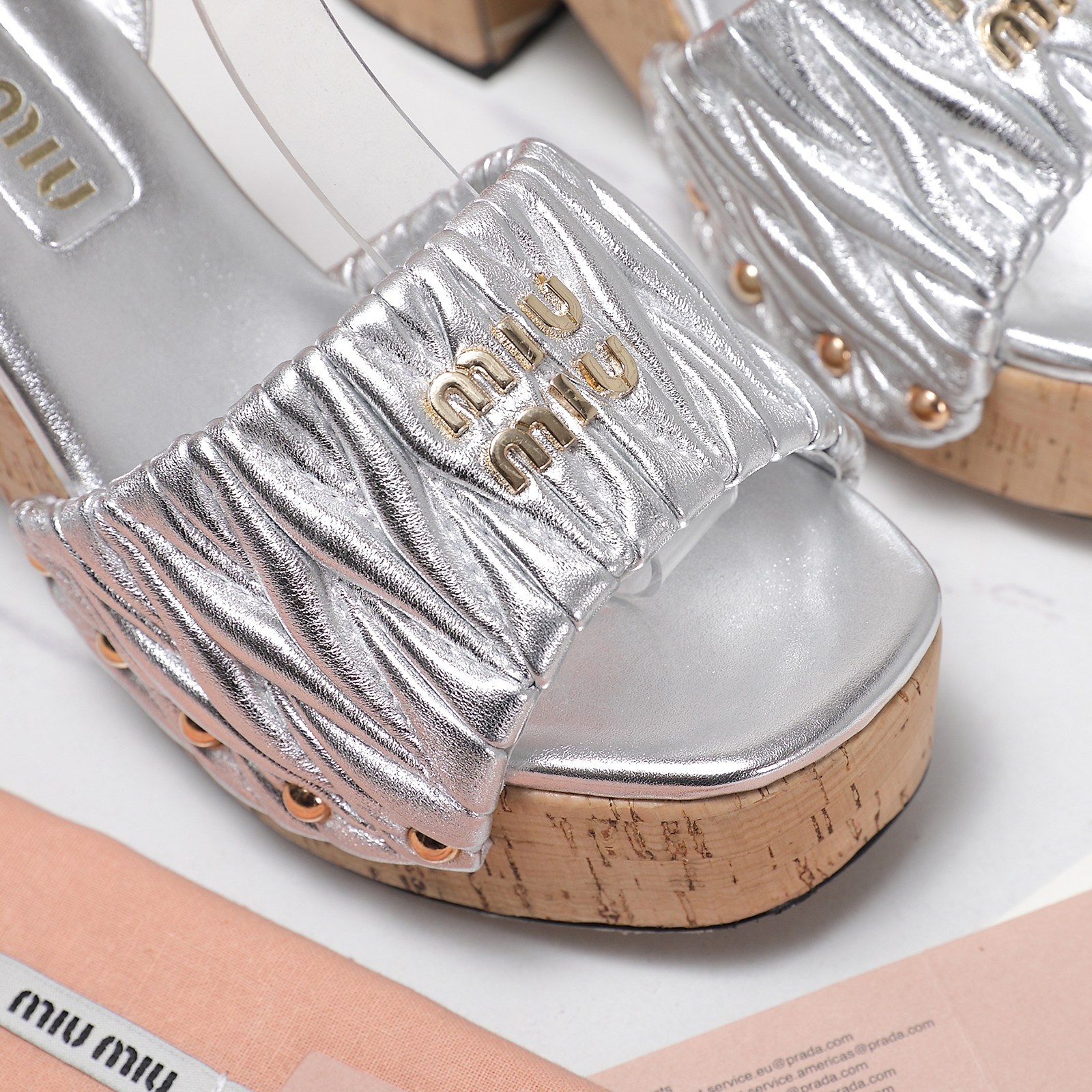 Miu Miu Platform Heeled Sandals, Silver Leather Sandals for Women 6 a1744707571844 7758