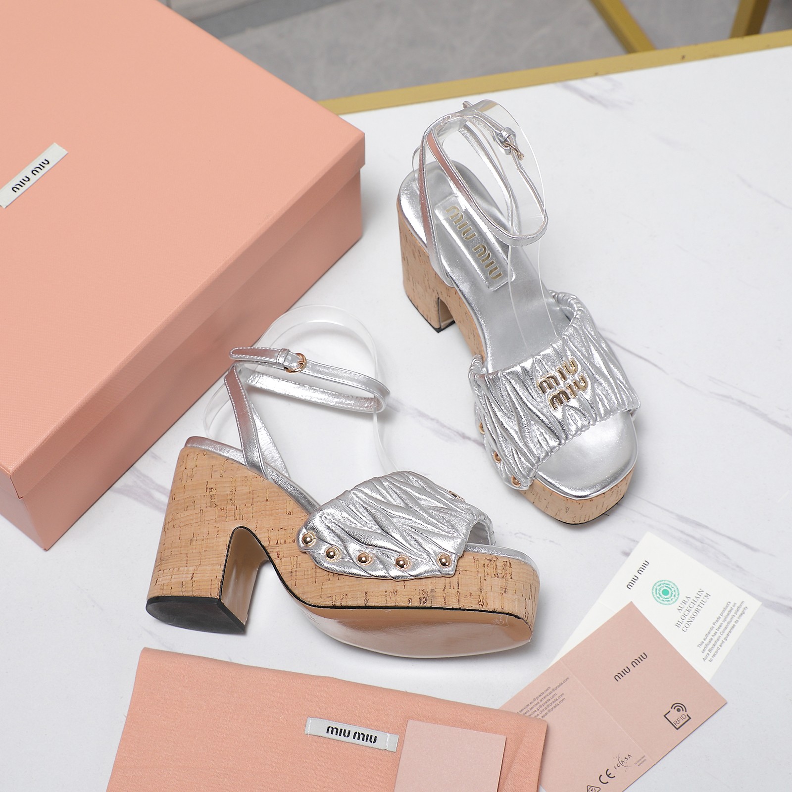 Miu Miu Platform Heeled Sandals, Silver Leather Sandals for Women 8 a1744707573348 0801