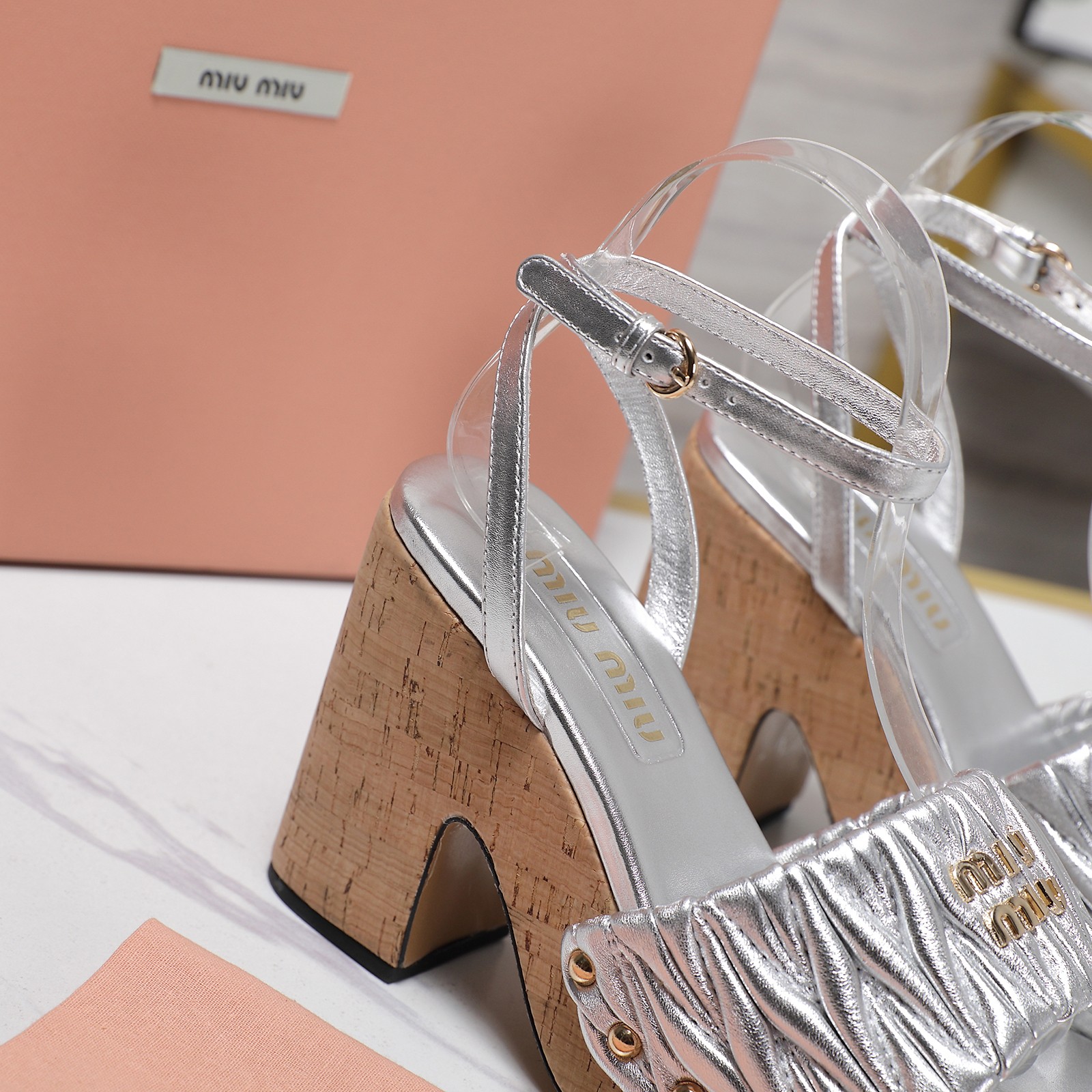 Miu Miu Platform Heeled Sandals, Silver Leather Sandals for Women 9 a1744707573360 7078