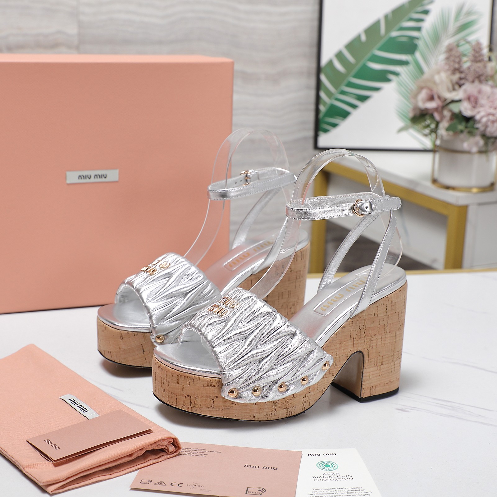 Miu Miu Platform Heeled Sandals, Silver Leather Sandals for Women 10 a1744707573365 7467