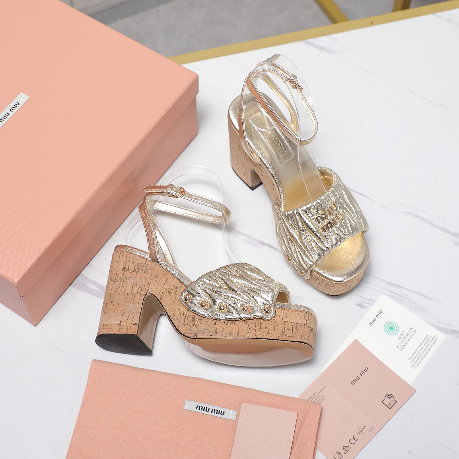 Miu Miu Women's Platform Ankle Strap Sandals Lambskin Gold 6 a1744707775129 1316