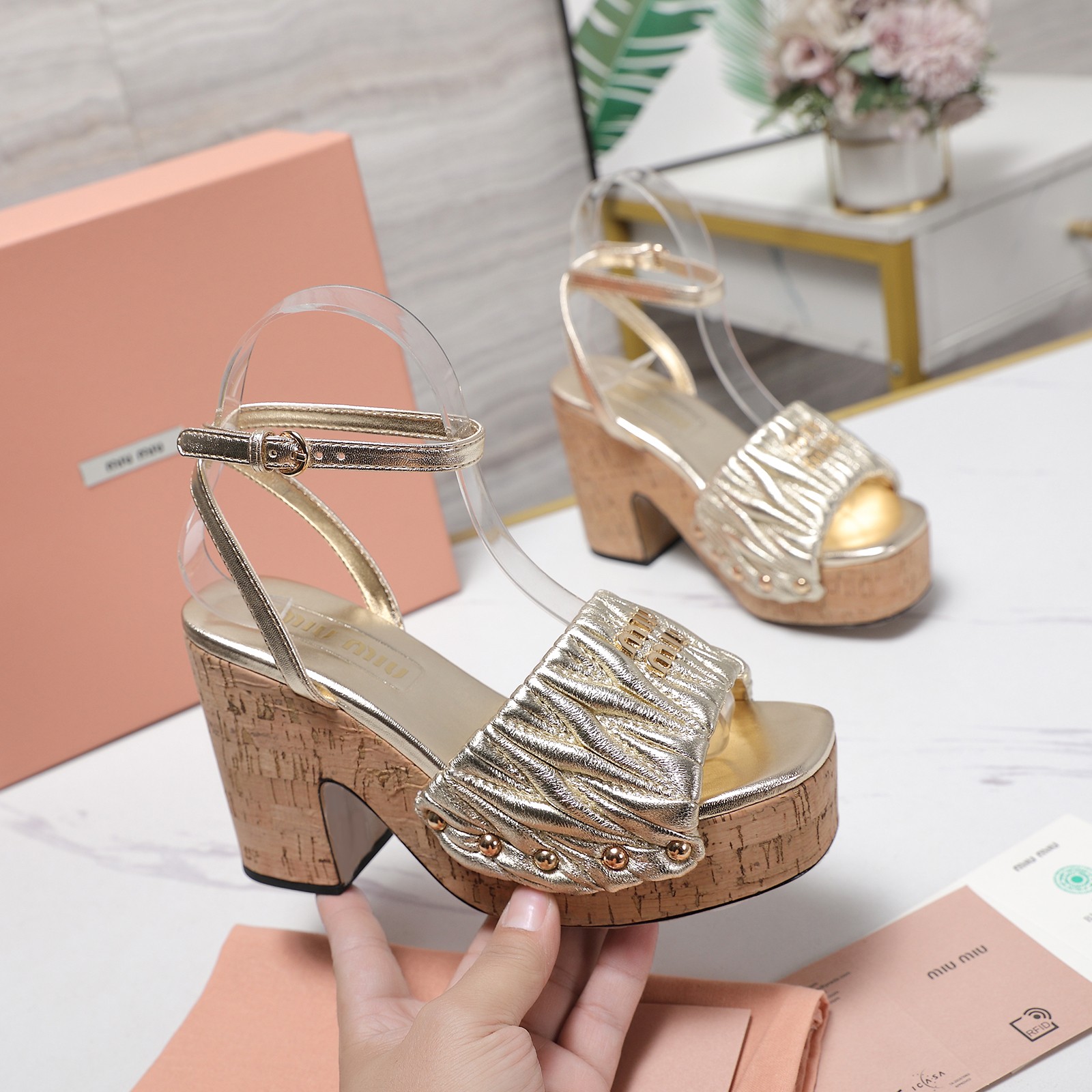 Miu Miu Women's Platform Ankle Strap Sandals Lambskin Gold 1 Miu Miu Women's Platform Ankle Strap Sandals Lambskin Gold