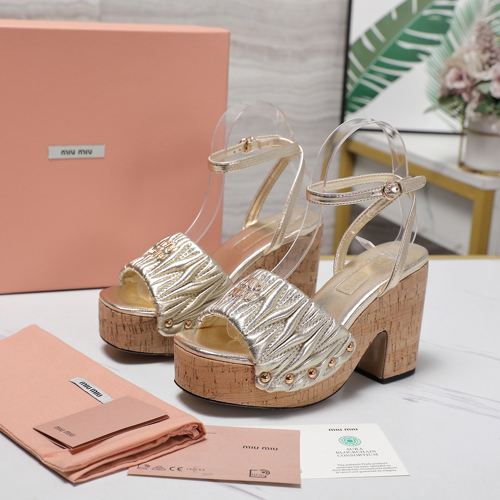 Miu Miu Women's Platform Ankle Strap Sandals Lambskin Gold 8 a1744707776070 1305