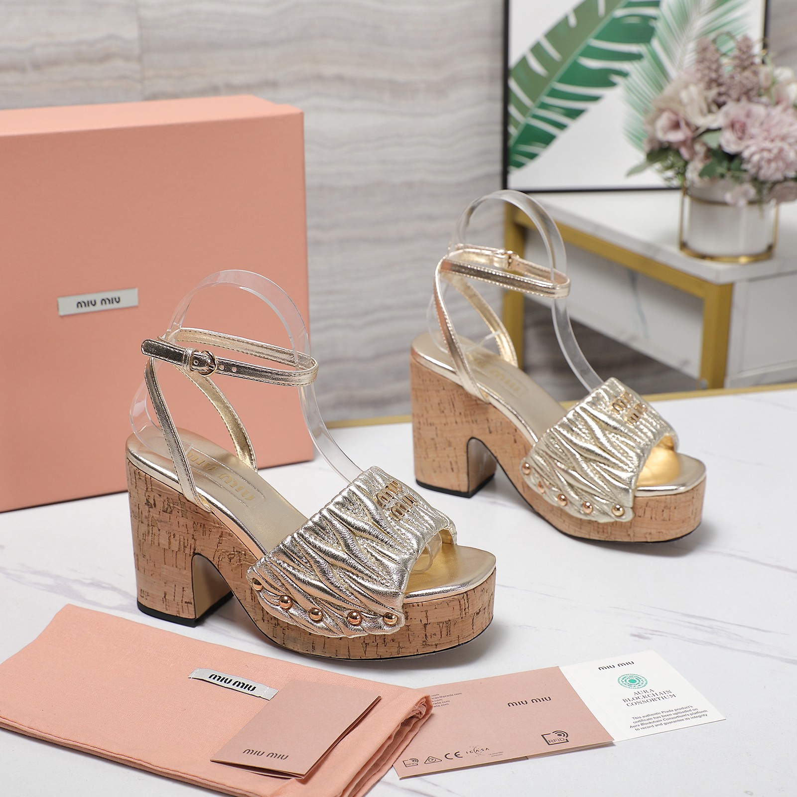 Miu Miu Women's Platform Ankle Strap Sandals Lambskin Gold 9 a1744707783326 6161