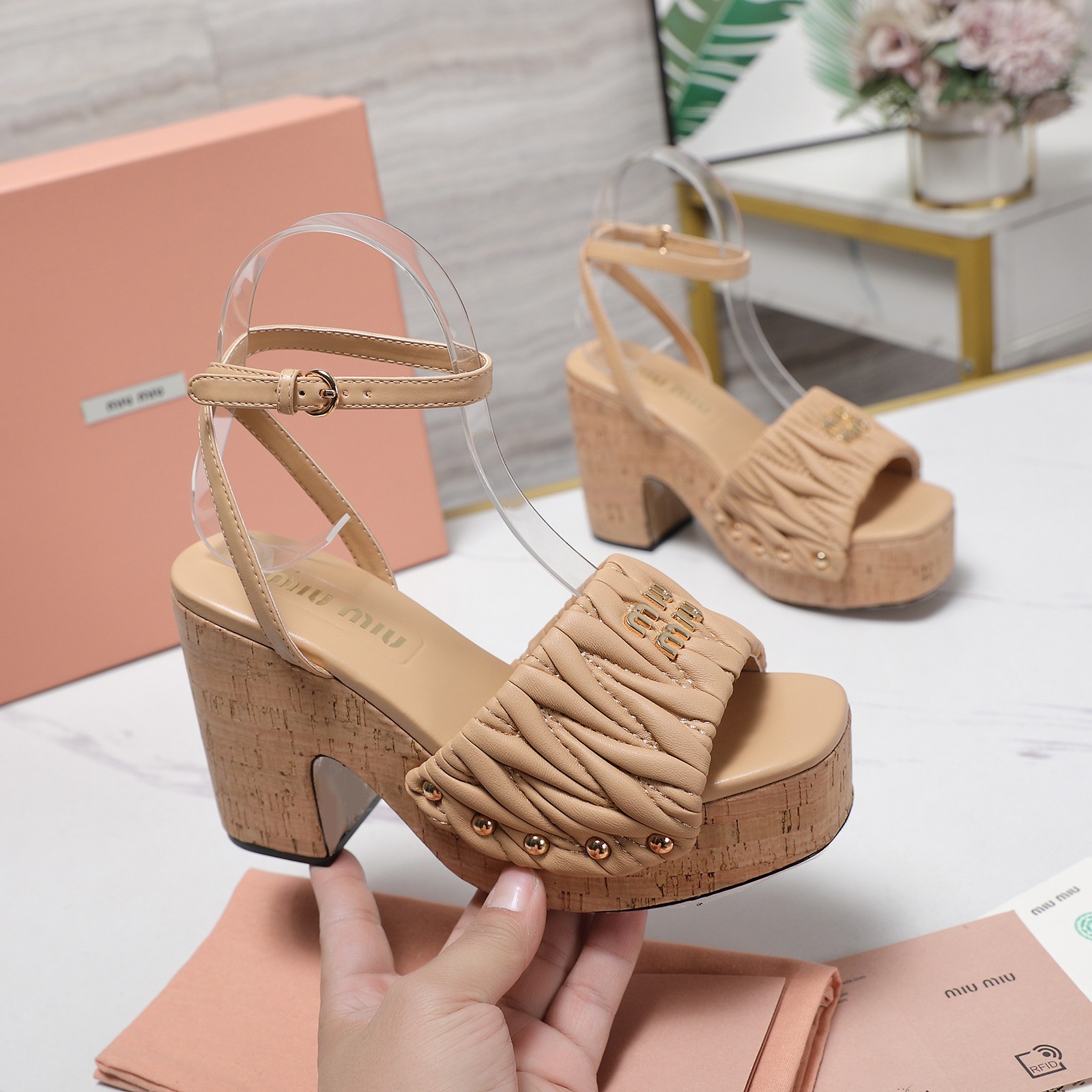 Miu Miu Platform Cork Sandals, Chunky Heel Ankle Strap Shoes, Beige 1 Miu Miu Platform Cork Sandals, Chunky Heel Ankle Strap Shoes, Beige