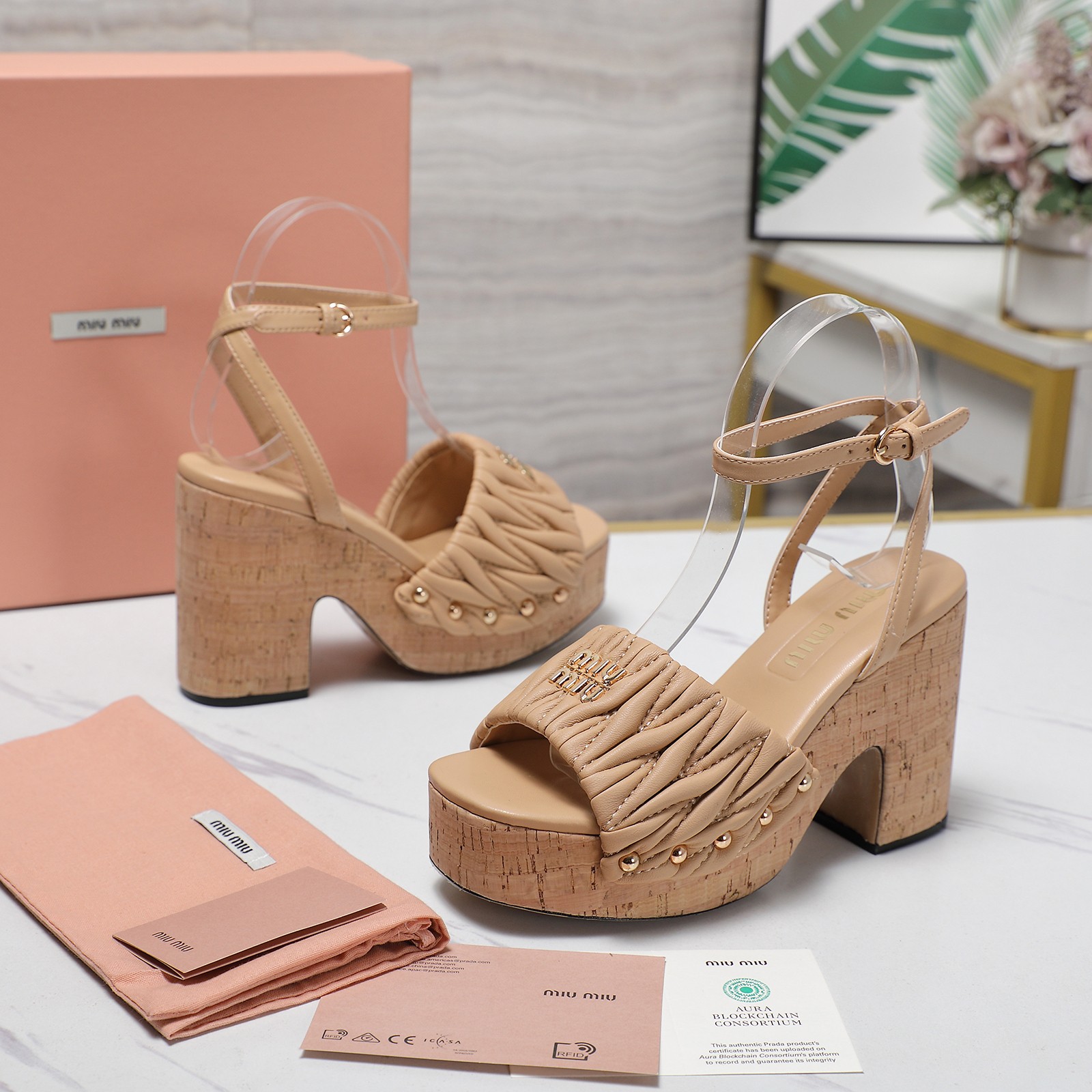 Miu Miu Platform Cork Sandals, Chunky Heel Ankle Strap Shoes, Beige 3 a1744707925984 1752