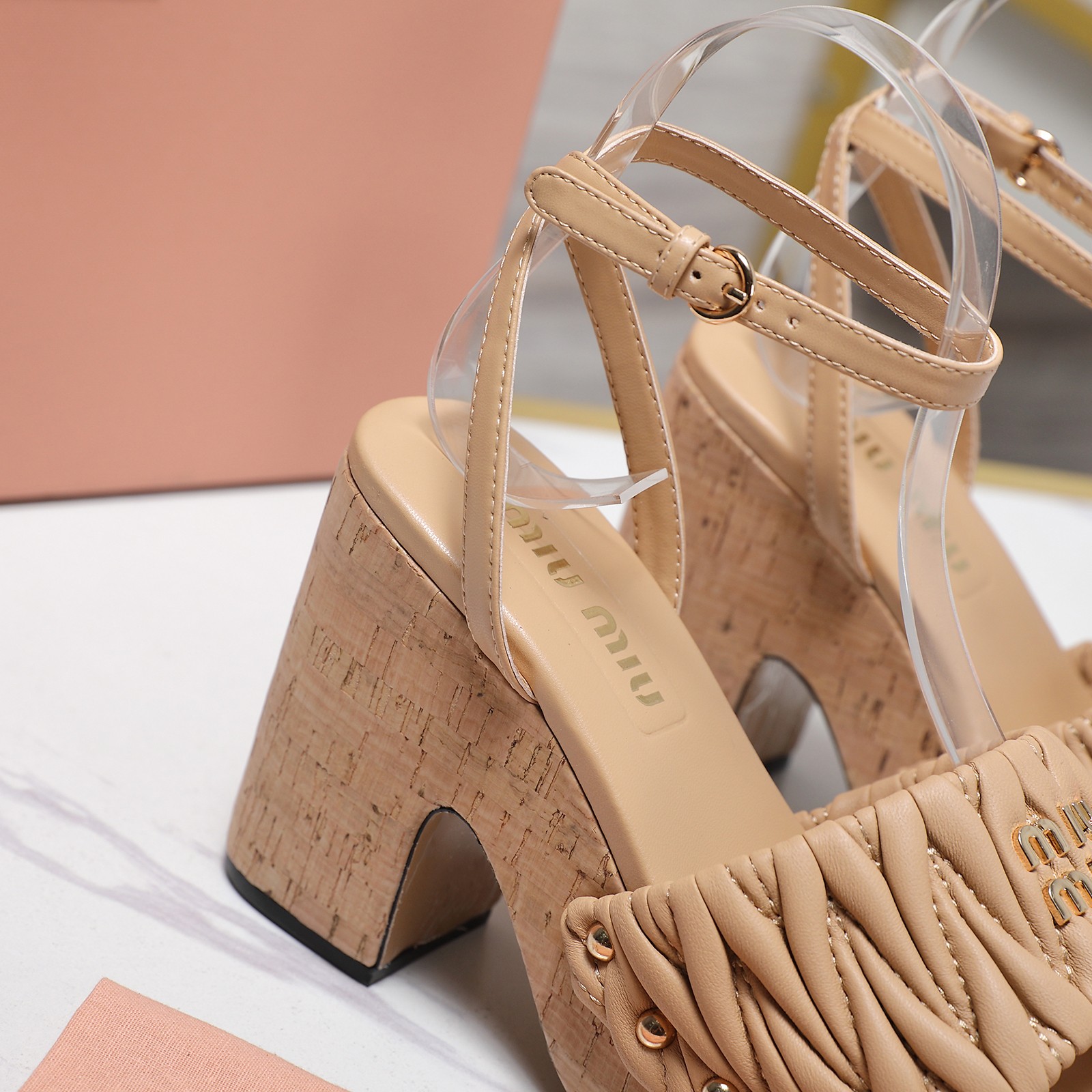 Miu Miu Platform Cork Sandals, Chunky Heel Ankle Strap Shoes, Beige 6 a1744707925994 4058