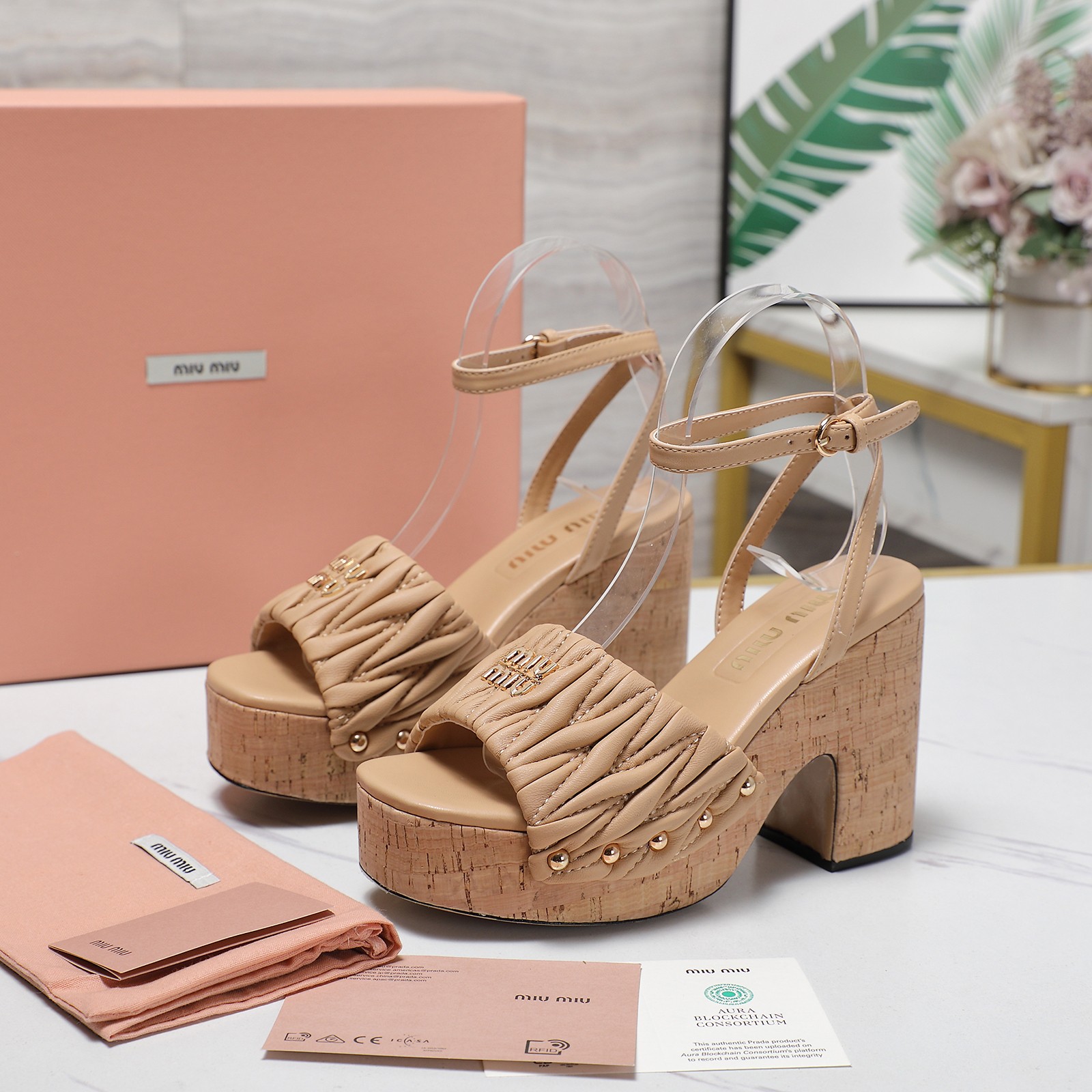 Miu Miu Platform Cork Sandals, Chunky Heel Ankle Strap Shoes, Beige 4 a1744707925997 4166