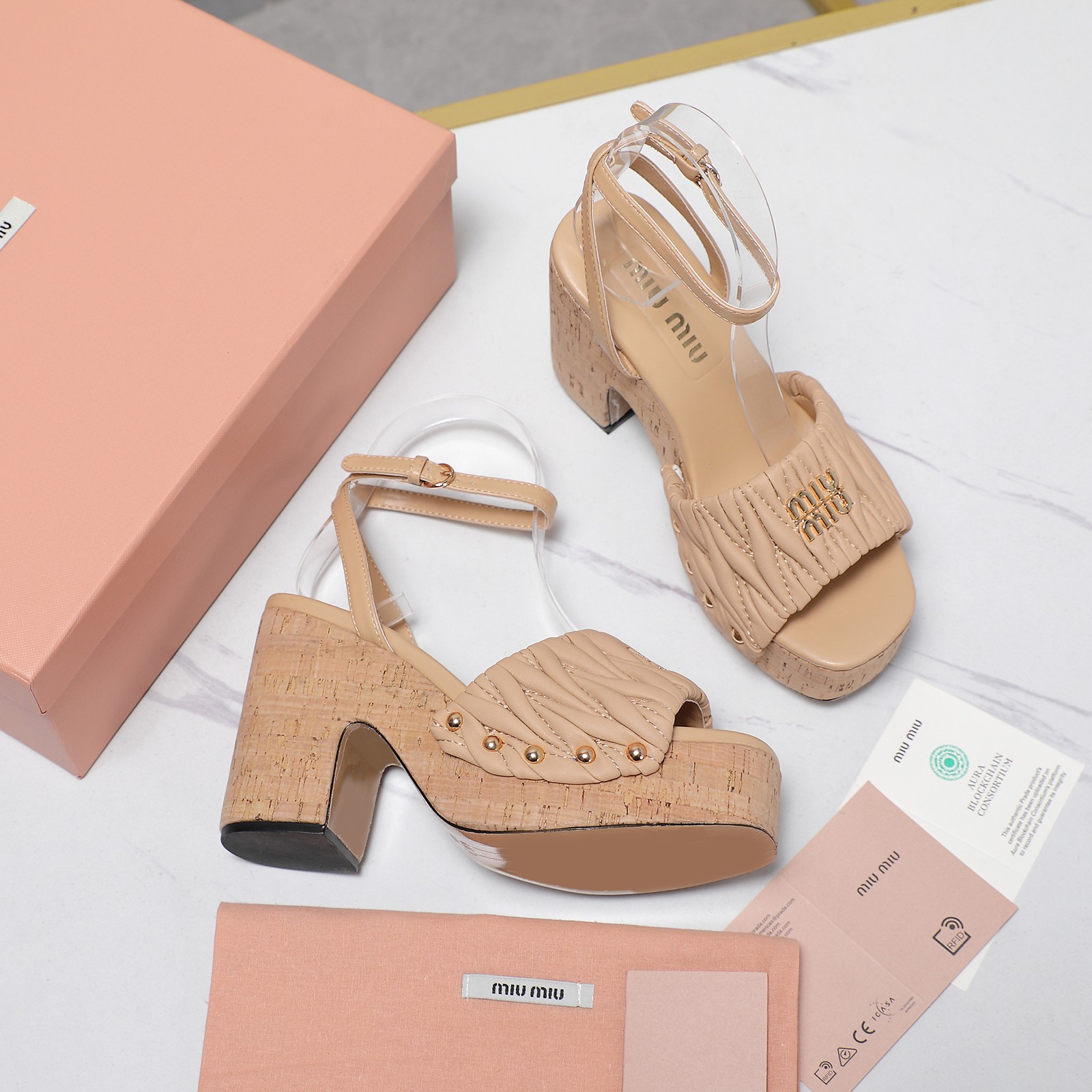 Miu Miu Platform Cork Sandals, Chunky Heel Ankle Strap Shoes, Beige 5 a1744707926015 2836