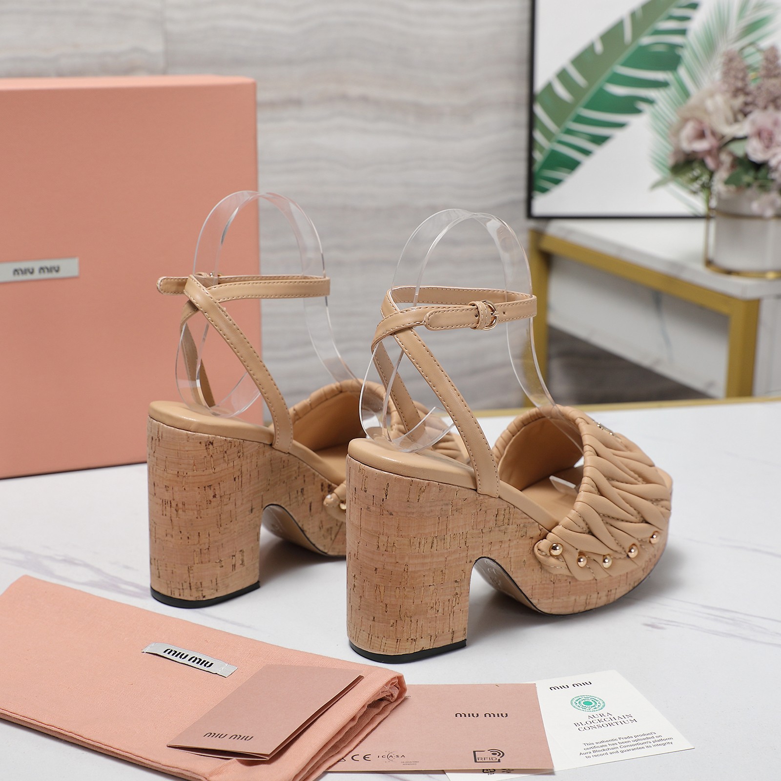 Miu Miu Platform Cork Sandals, Chunky Heel Ankle Strap Shoes, Beige 9 a1744707972112 5556