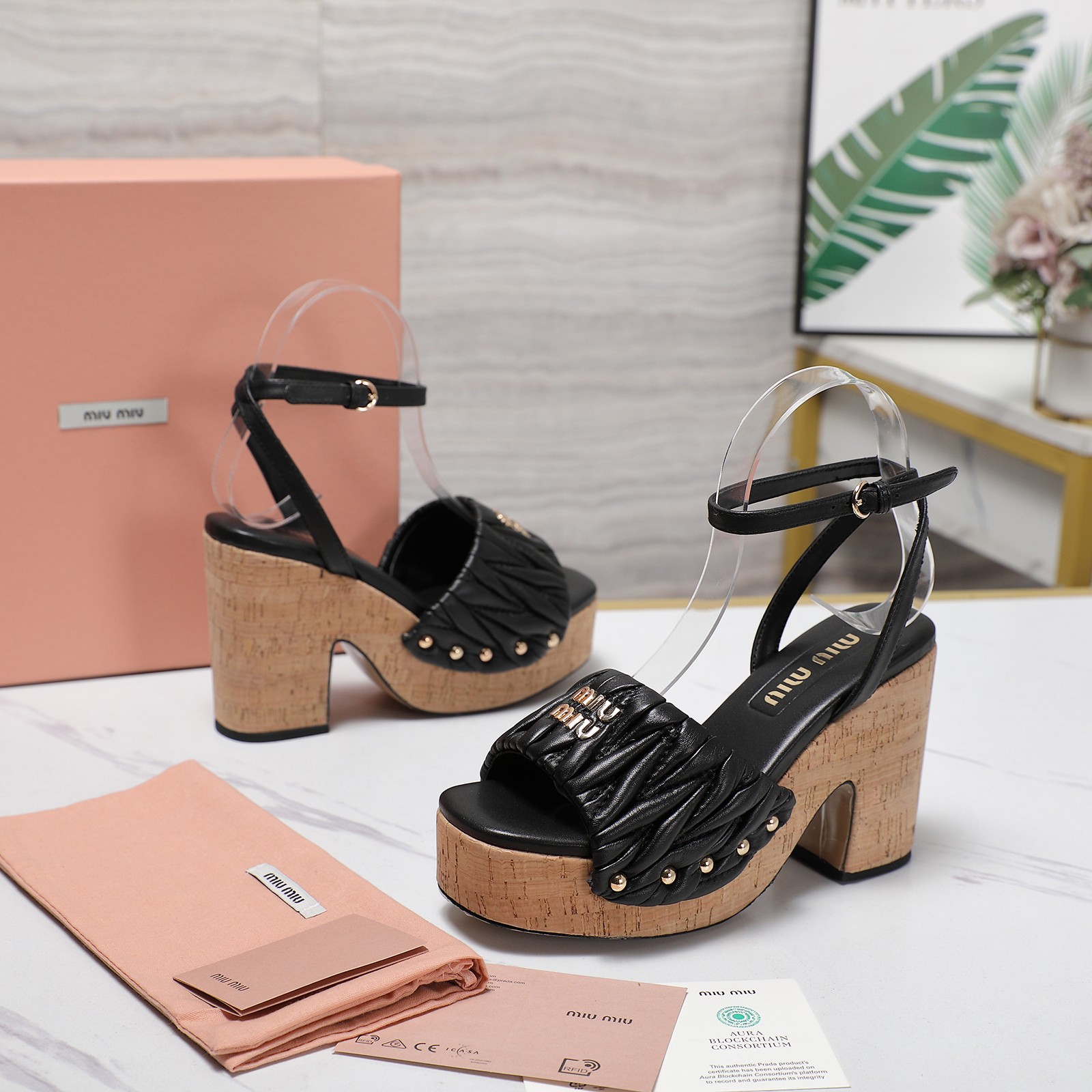 Miu Miu Women's Platform Heeled Sandals Lambskin Leather Black 7 a1744708149645 8617