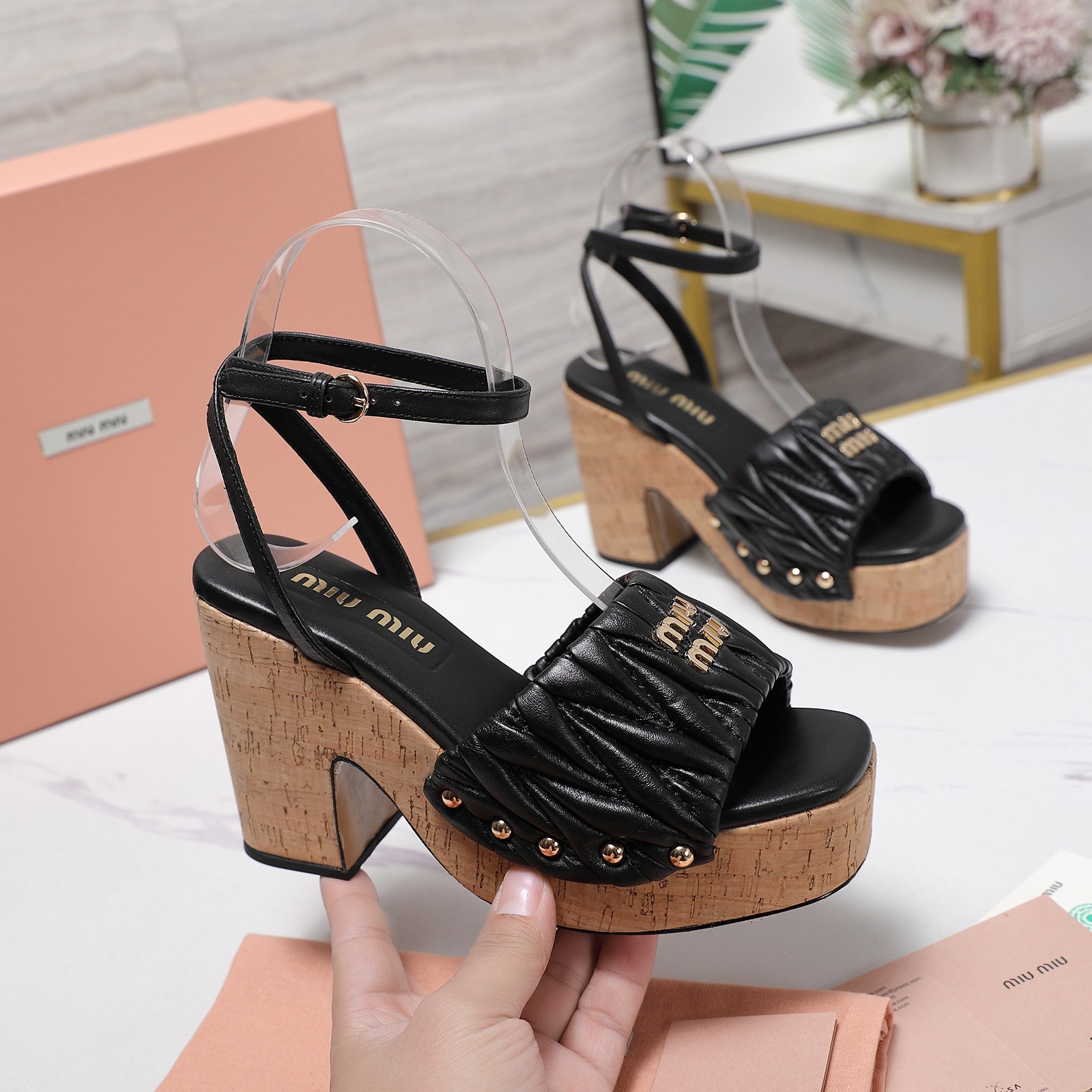 Miu Miu Women's Platform Heeled Sandals Lambskin Leather Black 1 Miu Miu Women's Platform Heeled Sandals Lambskin Leather Black