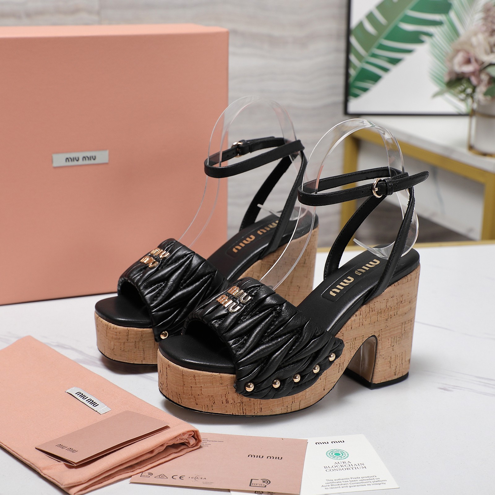 Miu Miu Women's Platform Heeled Sandals Lambskin Leather Black 9 a1744708150720 0315