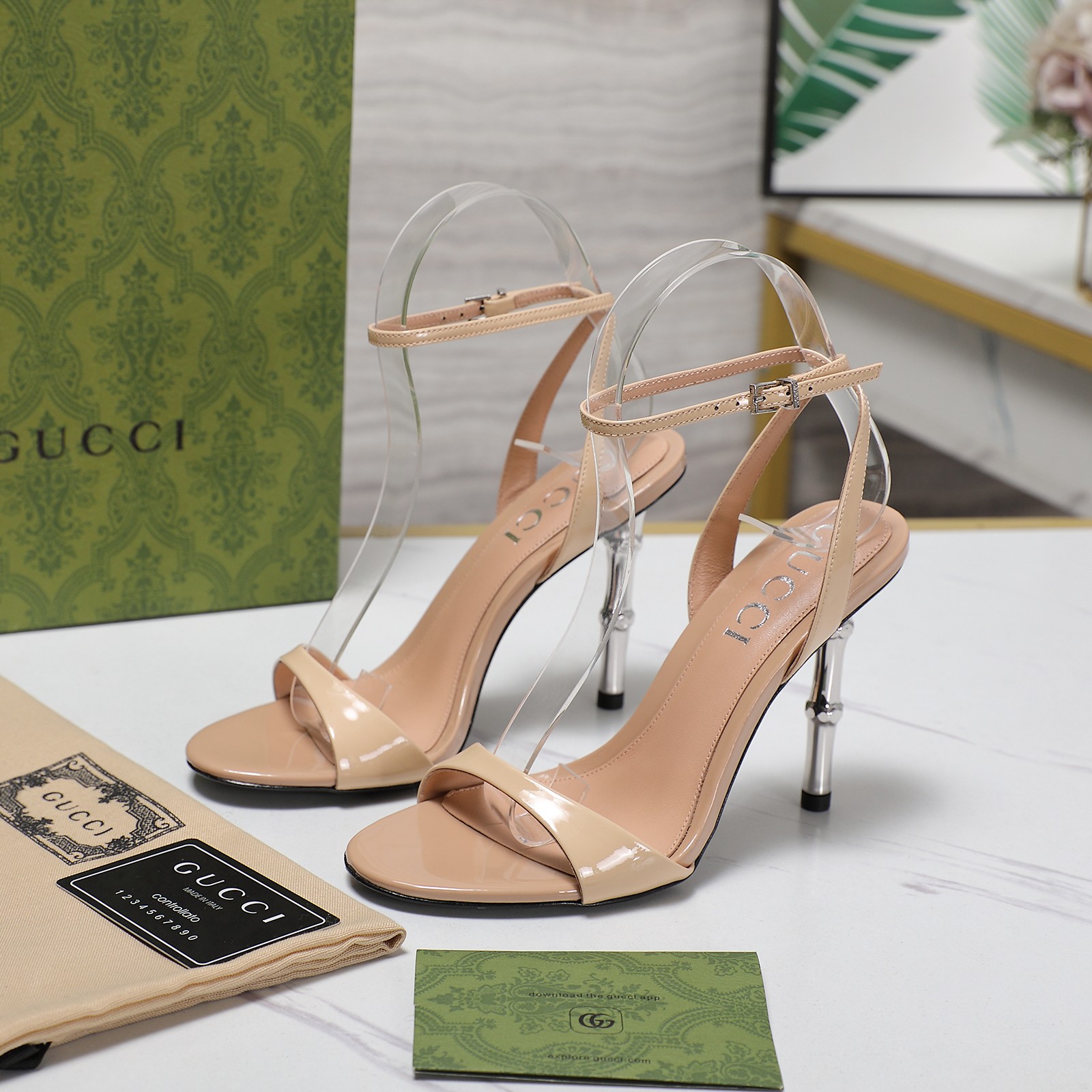 Gucci Women's Bamboo Heel Sandals Patent Leather Beige 5 a1744708935131 6616