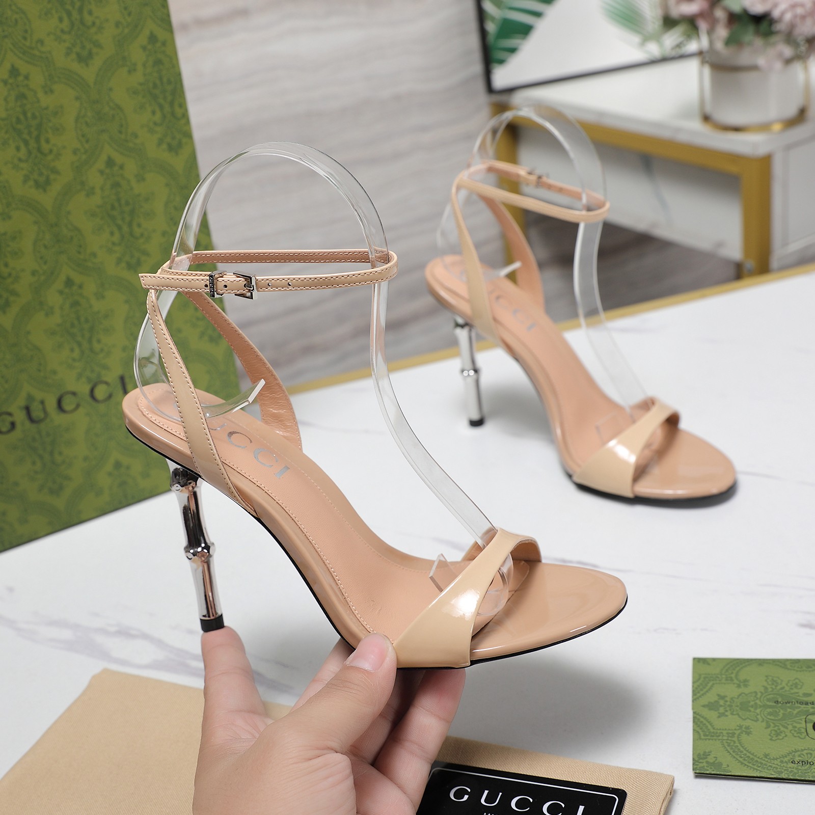 Gucci Women's Bamboo Heel Sandals Patent Leather Beige 1 Gucci Women's Bamboo Heel Sandals Patent Leather Beige