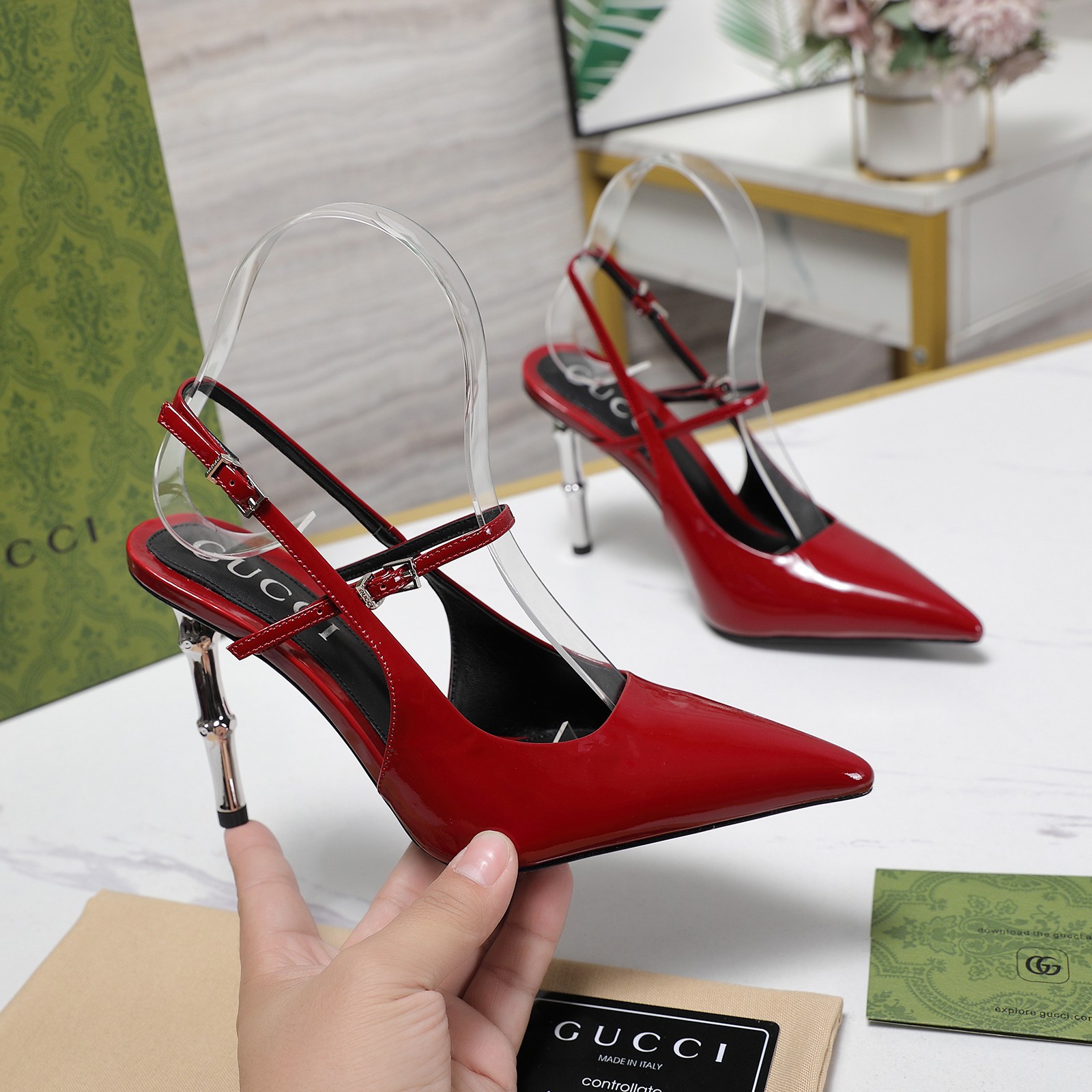 Gucci Bamboo Heel Slingback Pumps in Red Patent Leather, Size 35-39 1 Gucci Bamboo Heel Slingback Pumps in Red Patent Leather, Size 35-39
