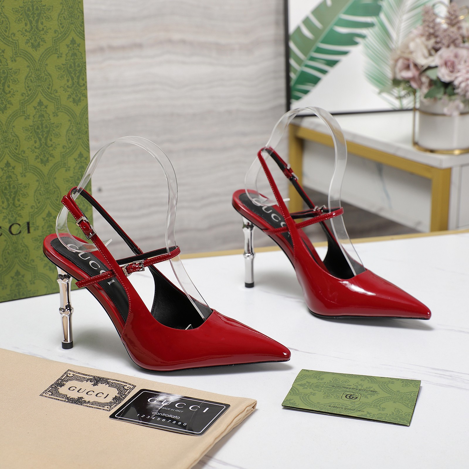 Gucci Bamboo Heel Slingback Pumps in Red Patent Leather, Size 35-39 5 a1744709323054 0205