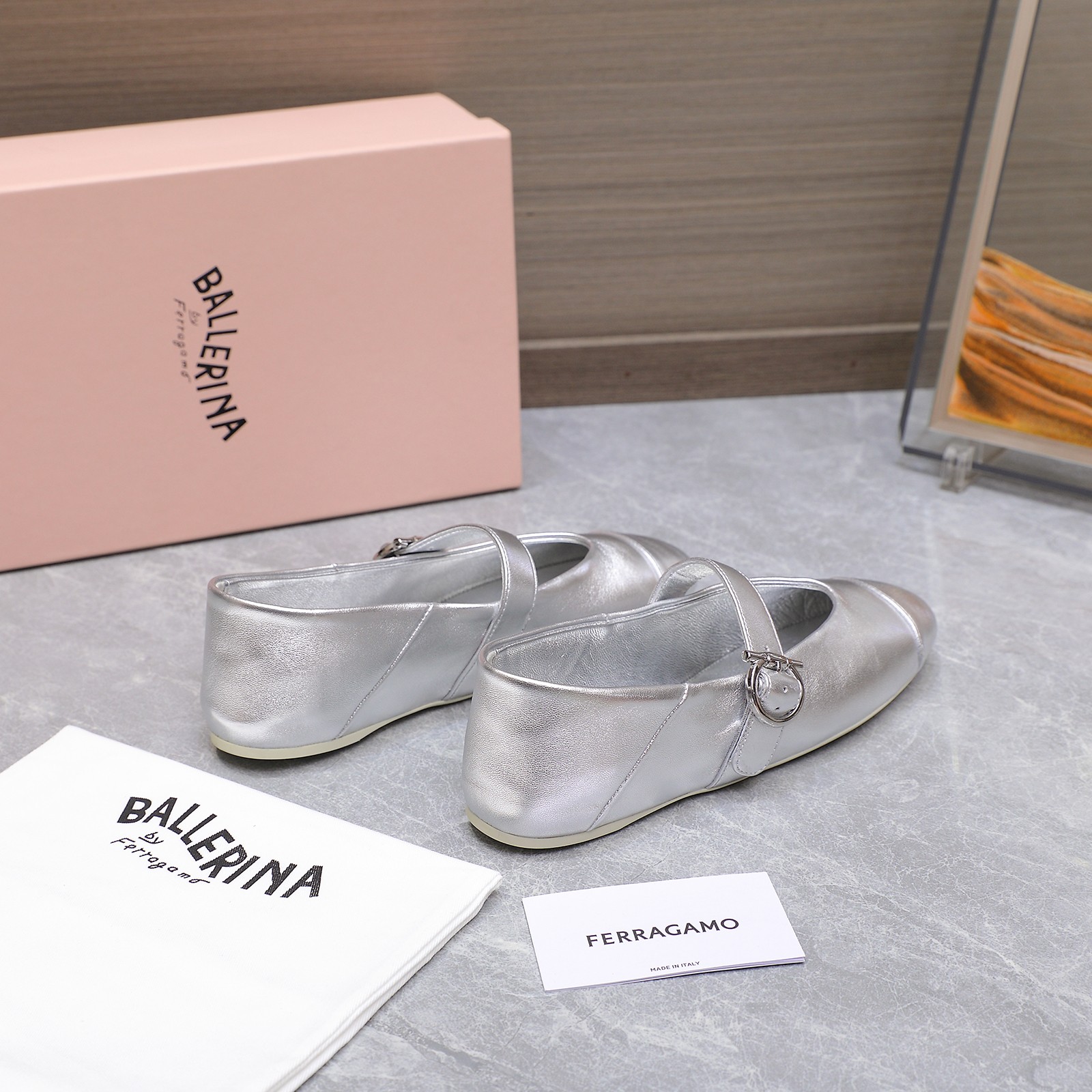 Ferragamo Iconic Buckle Ballerina Flats - Silver Leather, Round Toe 6 a1744783491660 0848