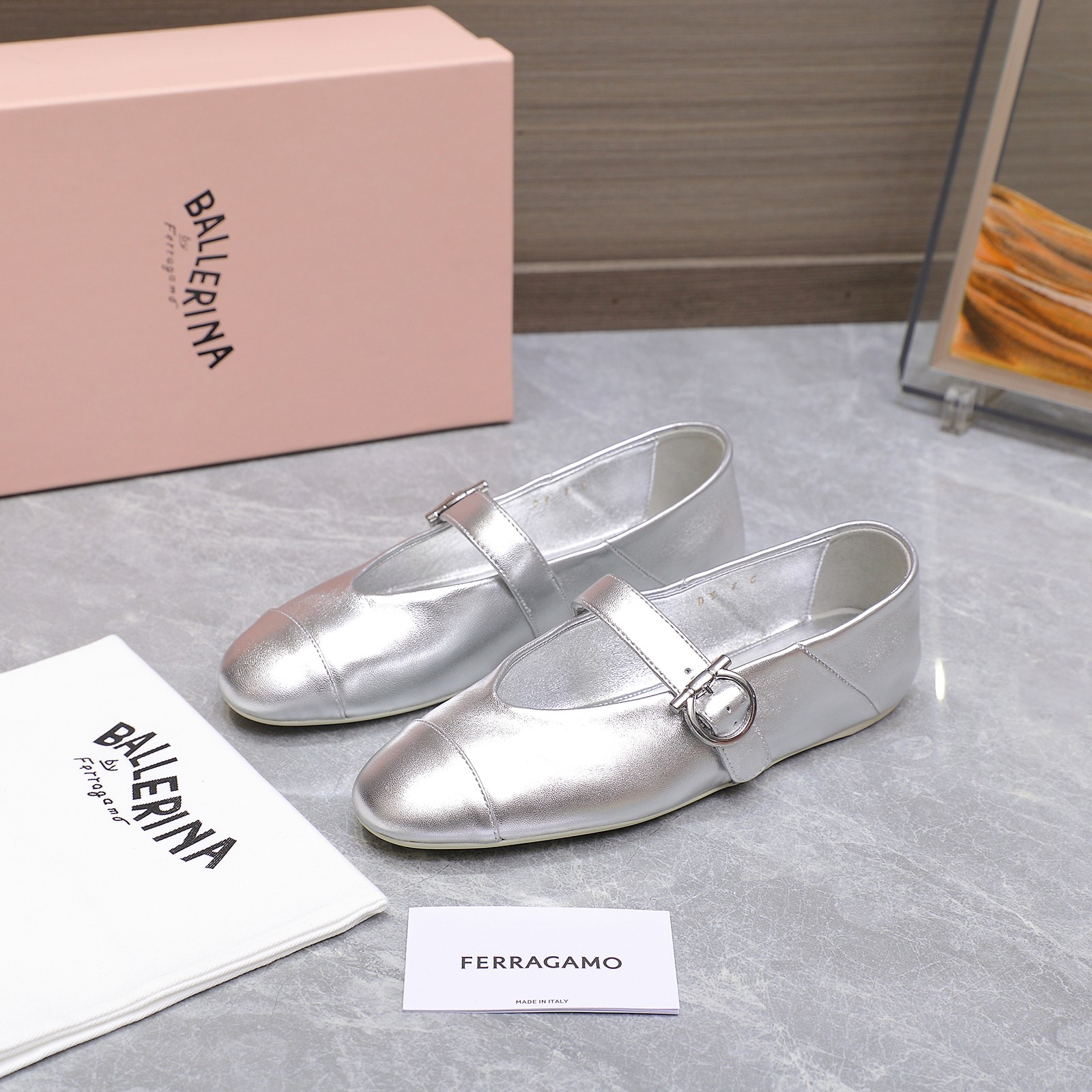 Ferragamo Iconic Buckle Ballerina Flats - Silver Leather, Round Toe 5 a1744783491761 4046