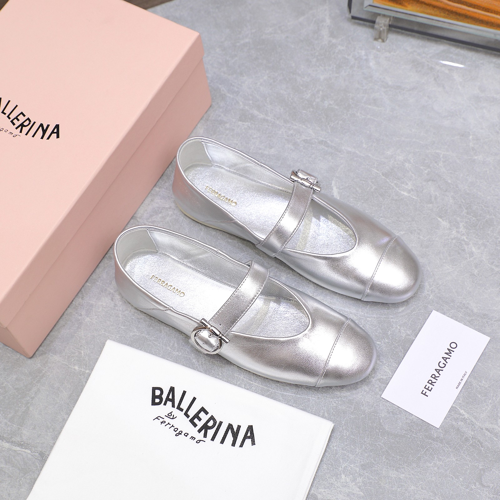Ferragamo Iconic Buckle Ballerina Flats - Silver Leather, Round Toe 4 a1744783491791 8822