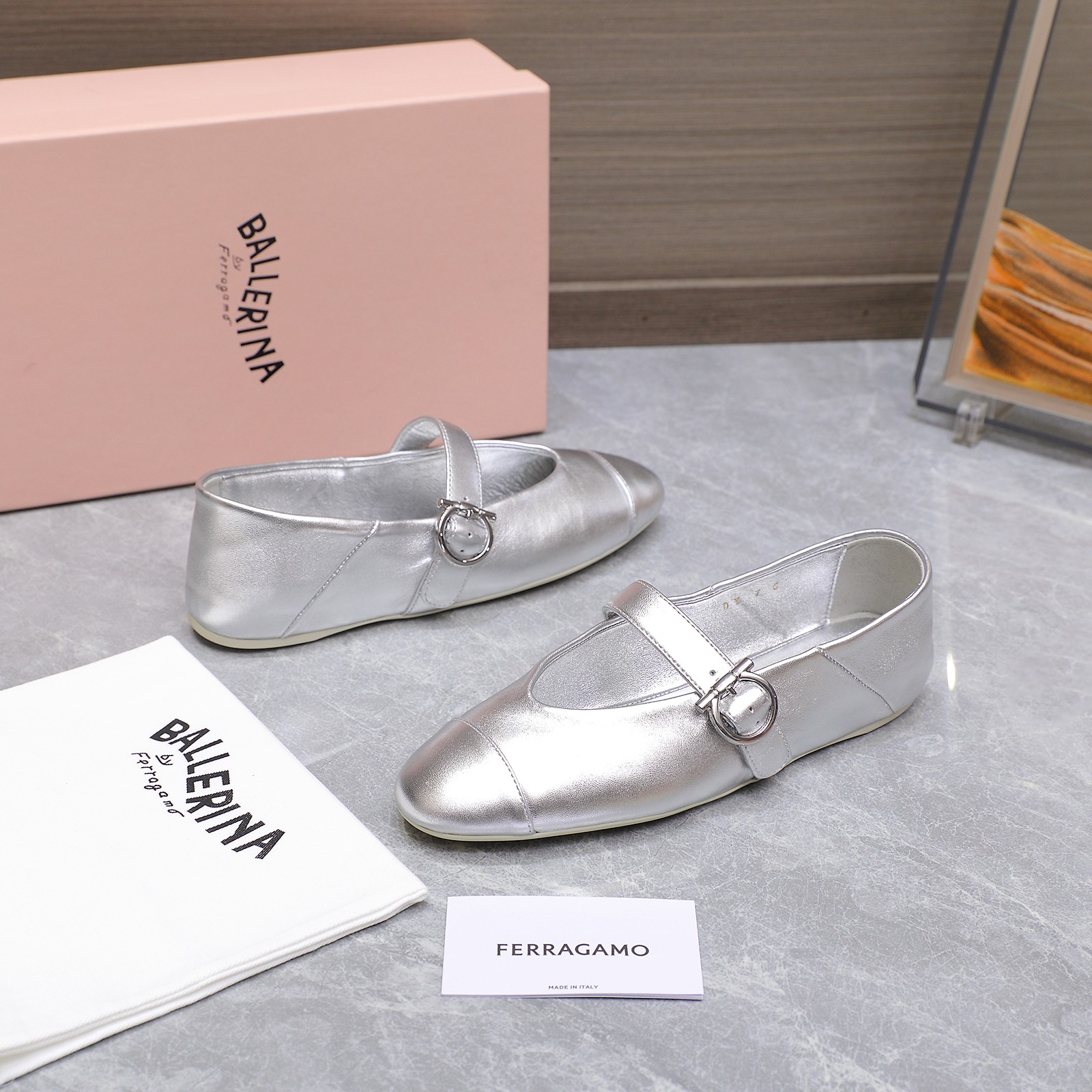 Ferragamo Iconic Buckle Ballerina Flats - Silver Leather, Round Toe 3 a1744783500186 1800