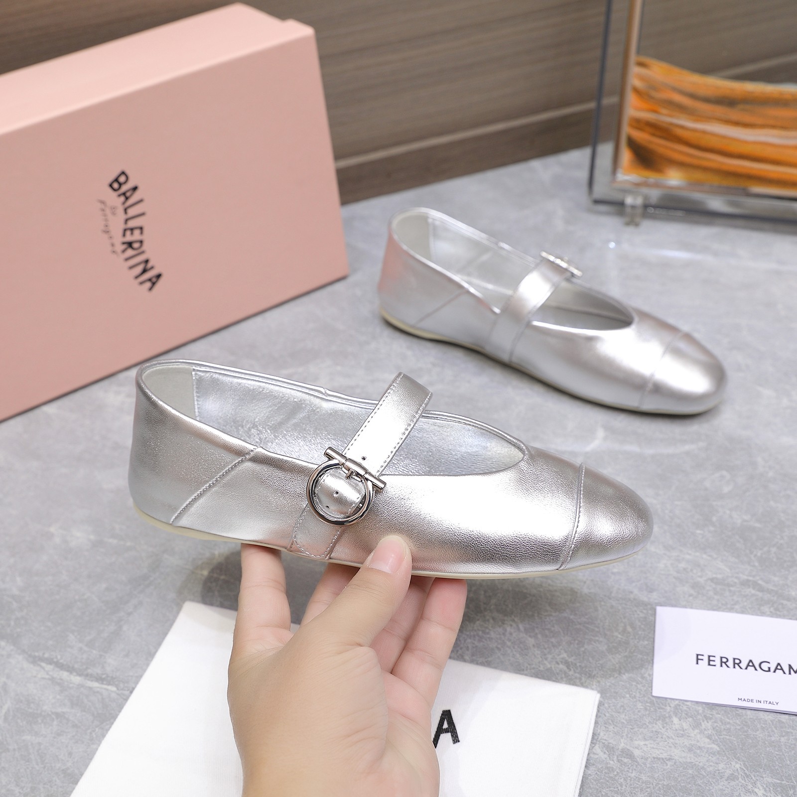 Ferragamo Iconic Buckle Ballerina Flats - Silver Leather, Round Toe 1 Ferragamo Iconic Buckle Ballerina Flats - Silver Leather, Round Toe