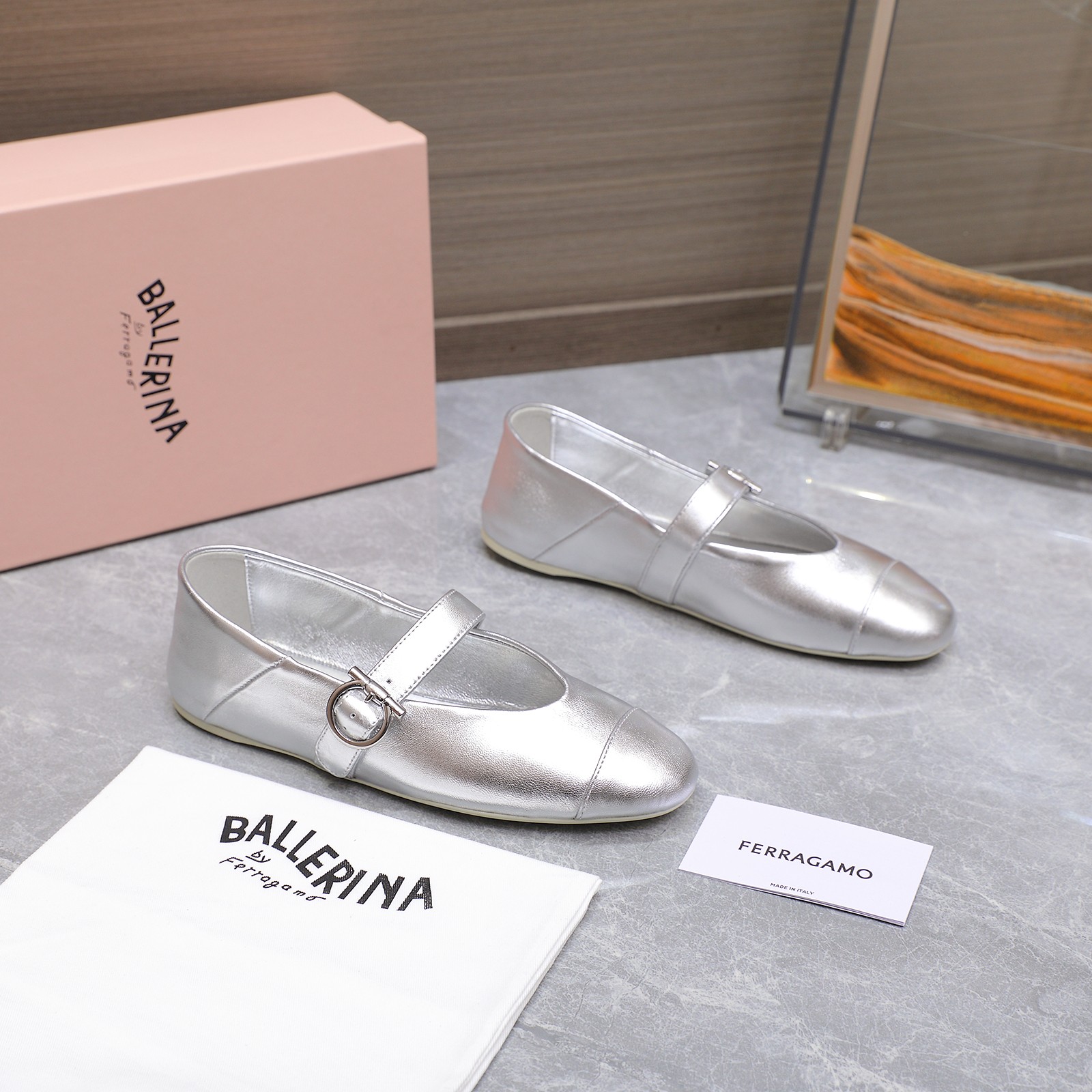 Ferragamo Iconic Buckle Ballerina Flats - Silver Leather, Round Toe 10 a1744783500217 3227