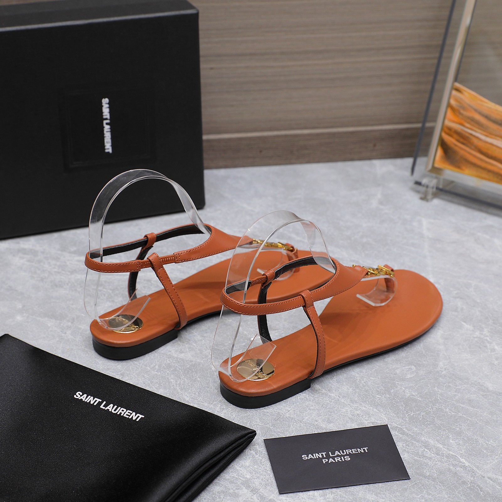 Saint Laurent Women's Brown Leather Thong Sandals with Gold Logo Accent 5 a1745067288153 3183