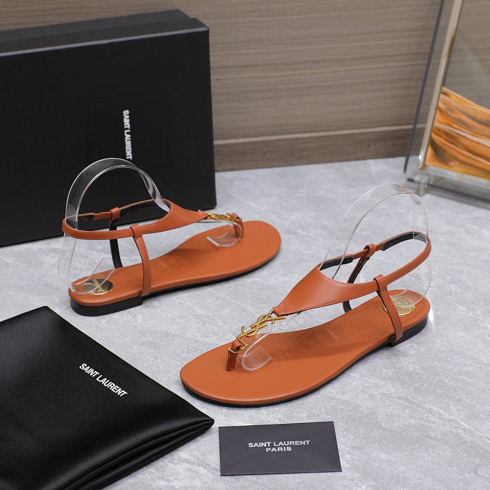 Saint Laurent Women's Brown Leather Thong Sandals with Gold Logo Accent 7 a1745067288278 0234