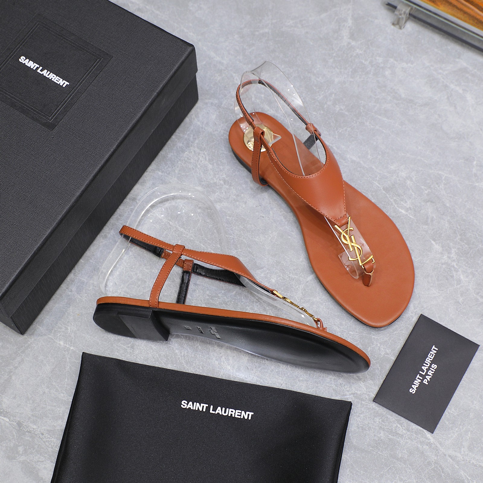 Saint Laurent Women's Brown Leather Thong Sandals with Gold Logo Accent 8 a1745067288281 5528