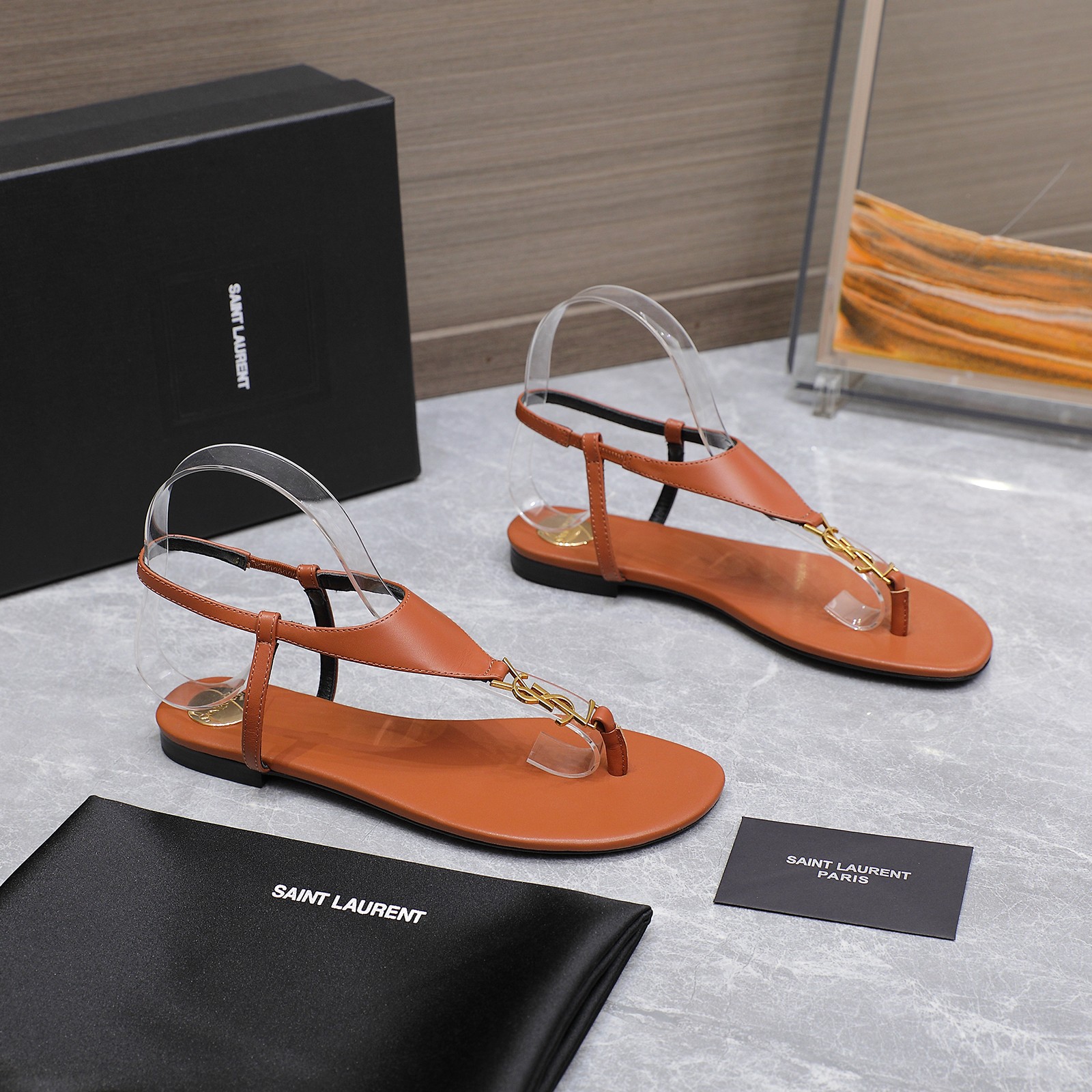 Saint Laurent Women's Brown Leather Thong Sandals with Gold Logo Accent 3 a1745067288286 7866