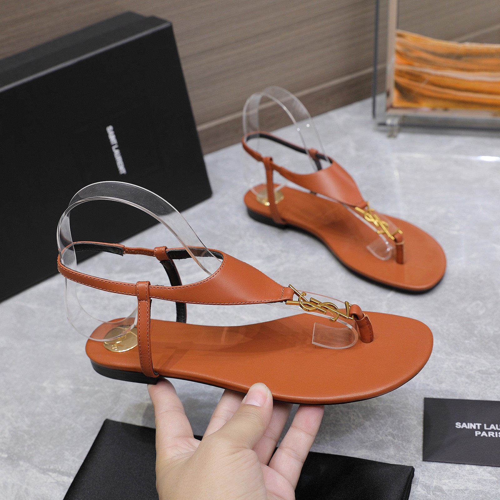 Saint Laurent Women's Brown Leather Thong Sandals with Gold Logo Accent 2 a1745067289541 2242