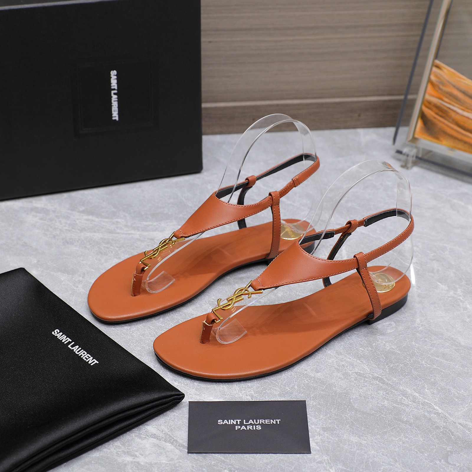 Saint Laurent Women's Brown Leather Thong Sandals with Gold Logo Accent 4 a1745067289550 7178