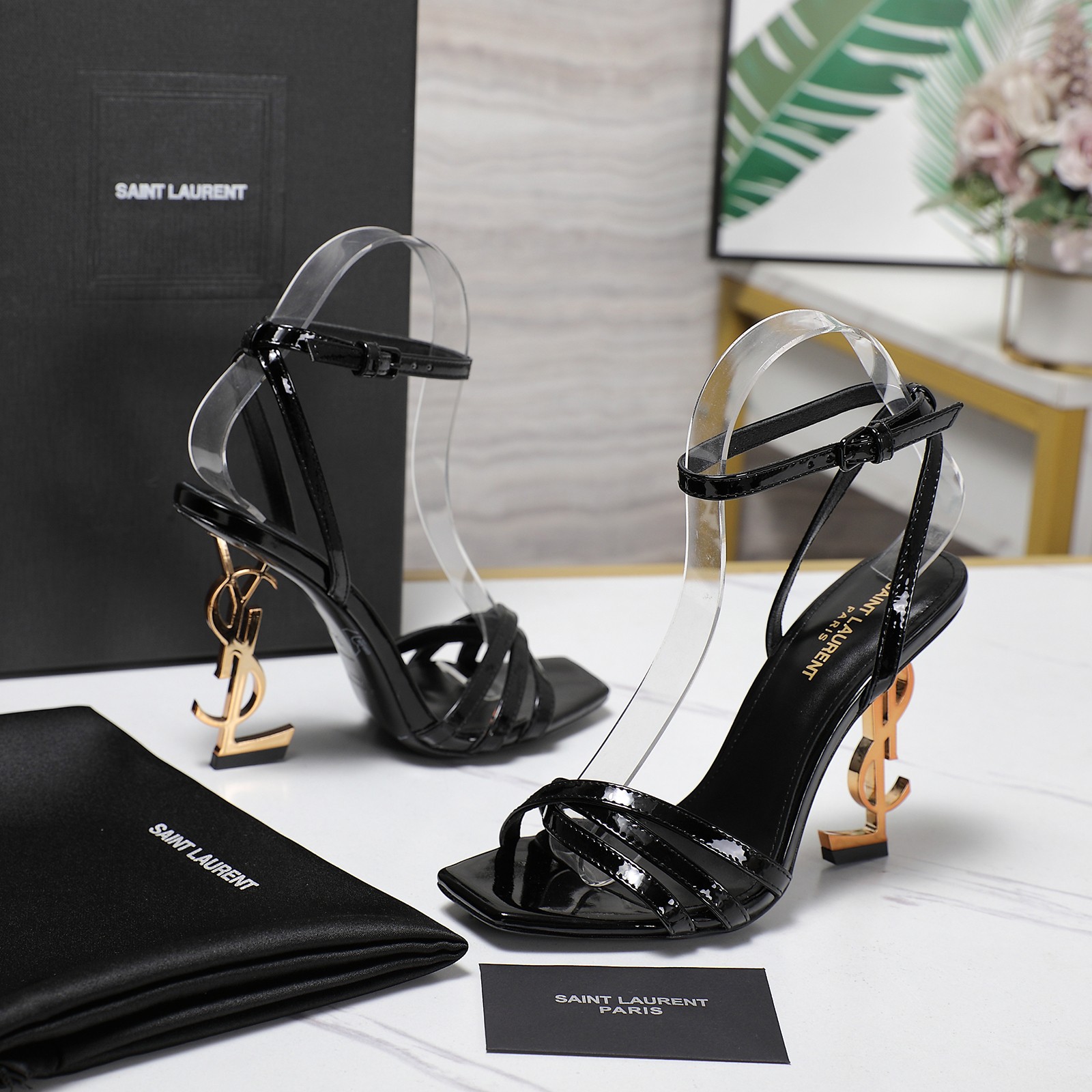 Yves Saint Laurent Black Leather & Silk Letter Heel Ankle Strap Sandals 5 a1745067746515 8723