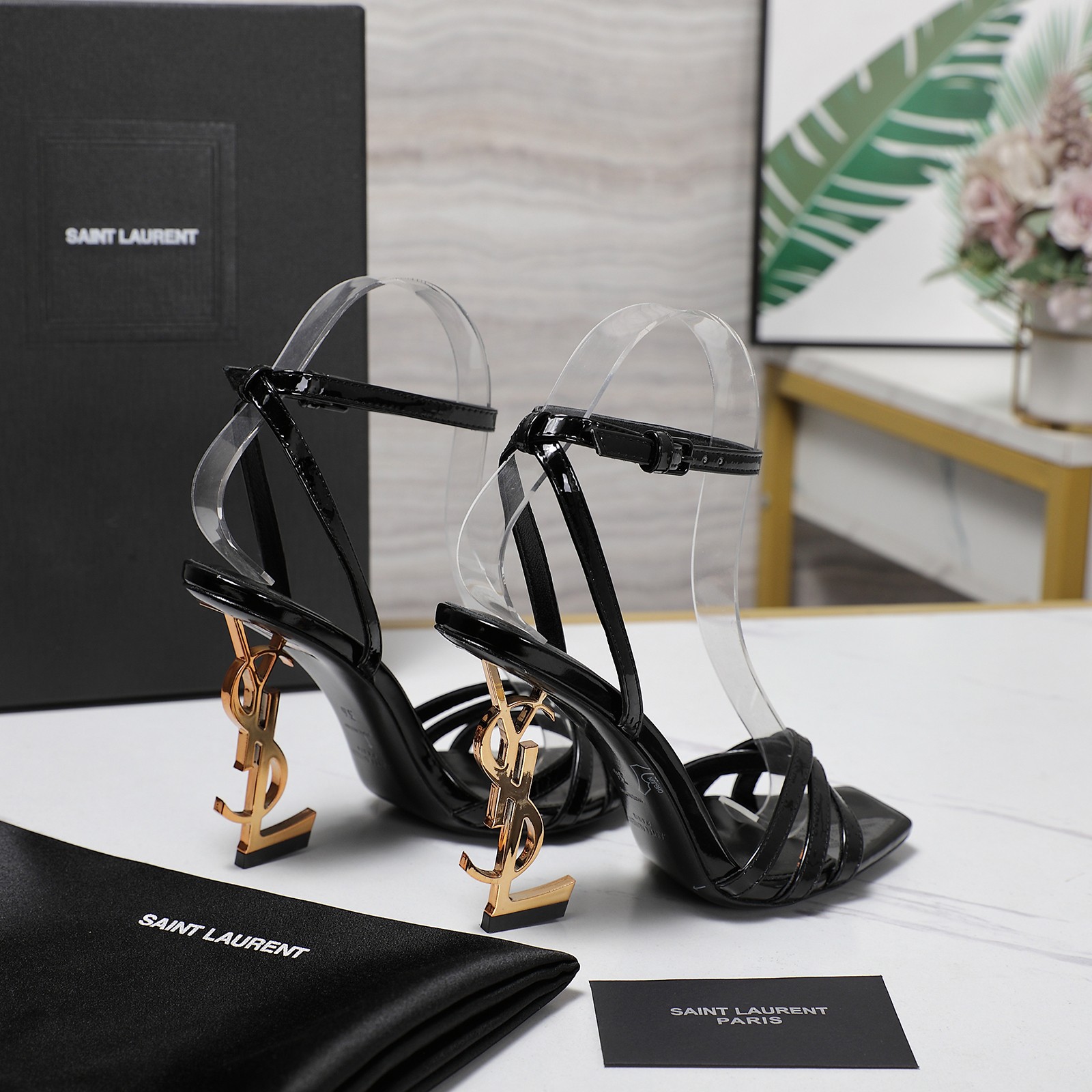 Yves Saint Laurent Black Leather & Silk Letter Heel Ankle Strap Sandals 8 a1745067746528 1157
