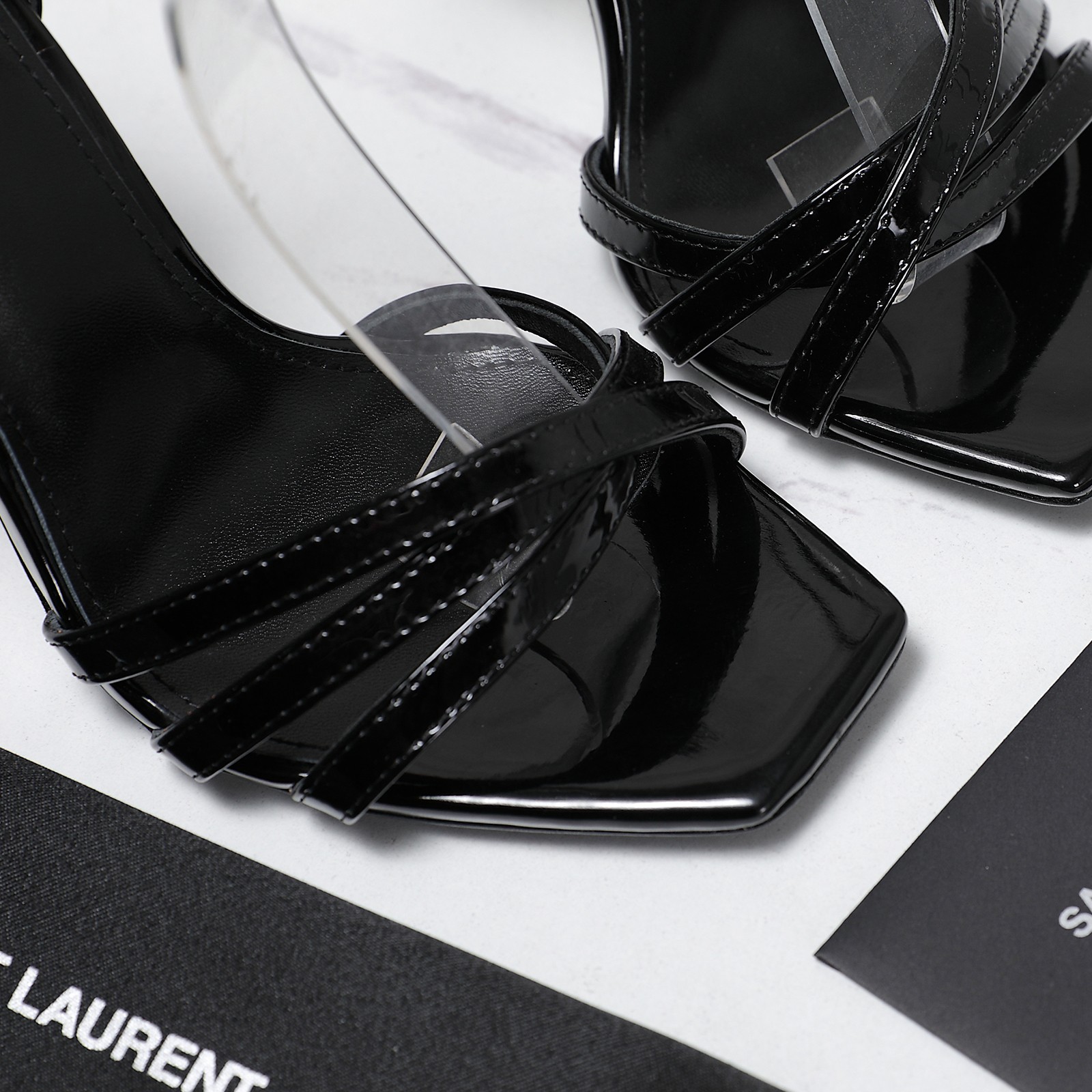 Yves Saint Laurent Black Leather & Silk Letter Heel Ankle Strap Sandals 7 a1745067746578 7255