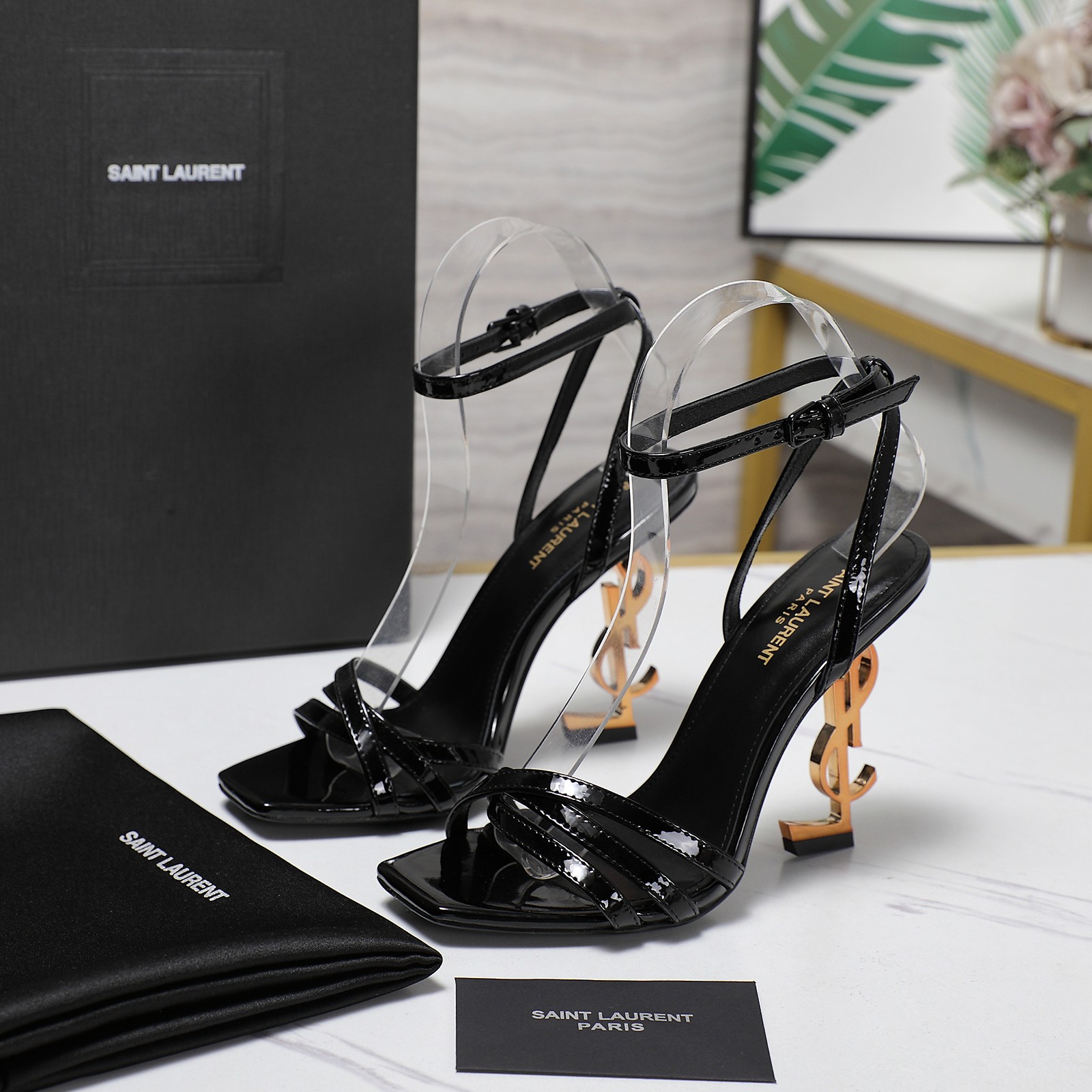 Yves Saint Laurent Black Leather & Silk Letter Heel Ankle Strap Sandals 10 a1745067747625 0444